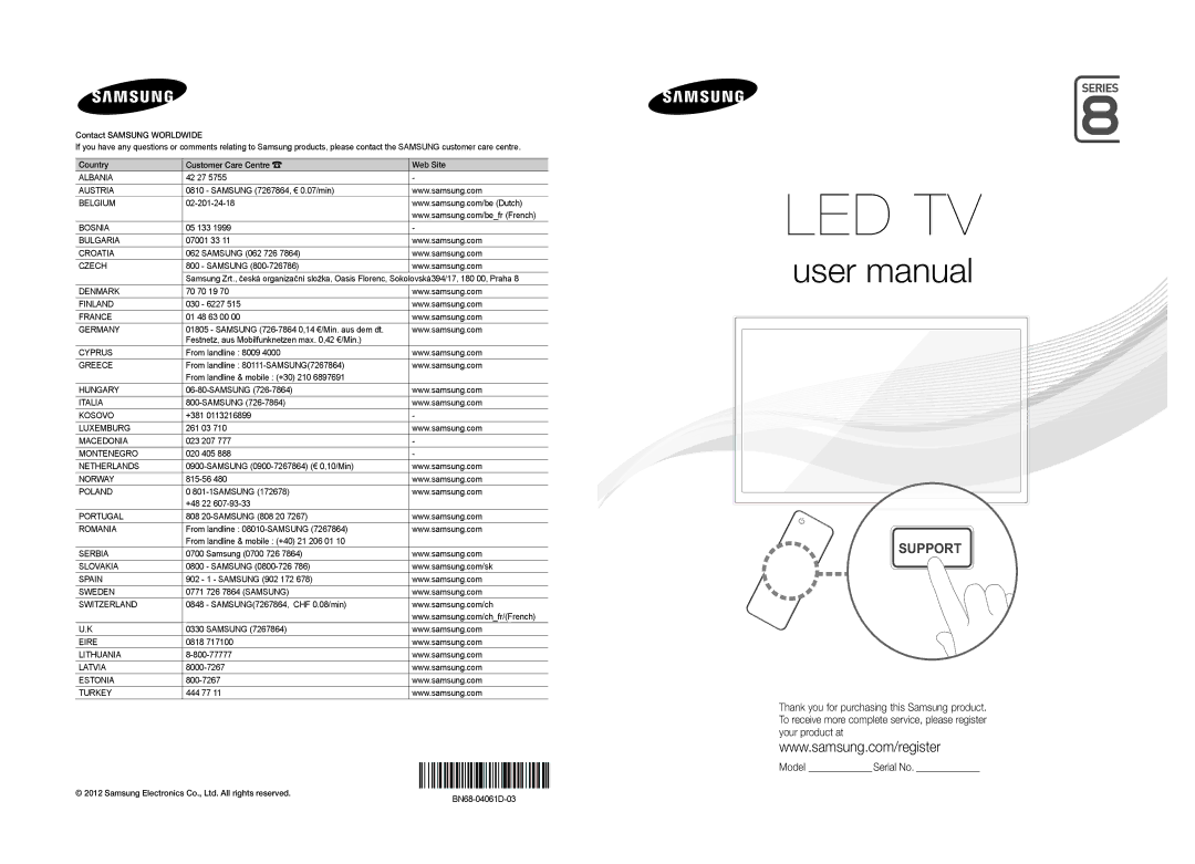 Samsung UE46ES8090SXZG, UE40ES8090SXZG, UE55ES8090SXZG manual Samsung 726-7864 0,14 €/Min. aus dem dt, BN68-04061D-03 