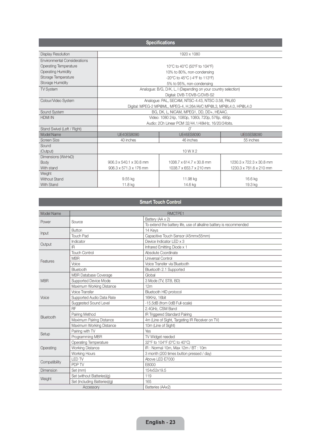 Samsung UE55ES8090SXZG, UE40ES8090SXZG, UE46ES8090SXZG manual Specifications, Smart Touch Control 