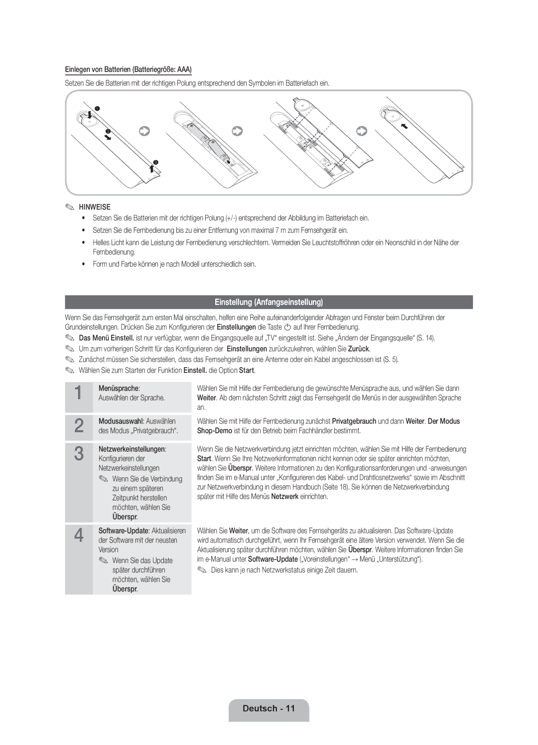 Samsung UE46ES8090SXZG manual Einstellung Anfangseinstellung, Menüsprache Auswählen der Sprache Modusauswahl Auswählen 