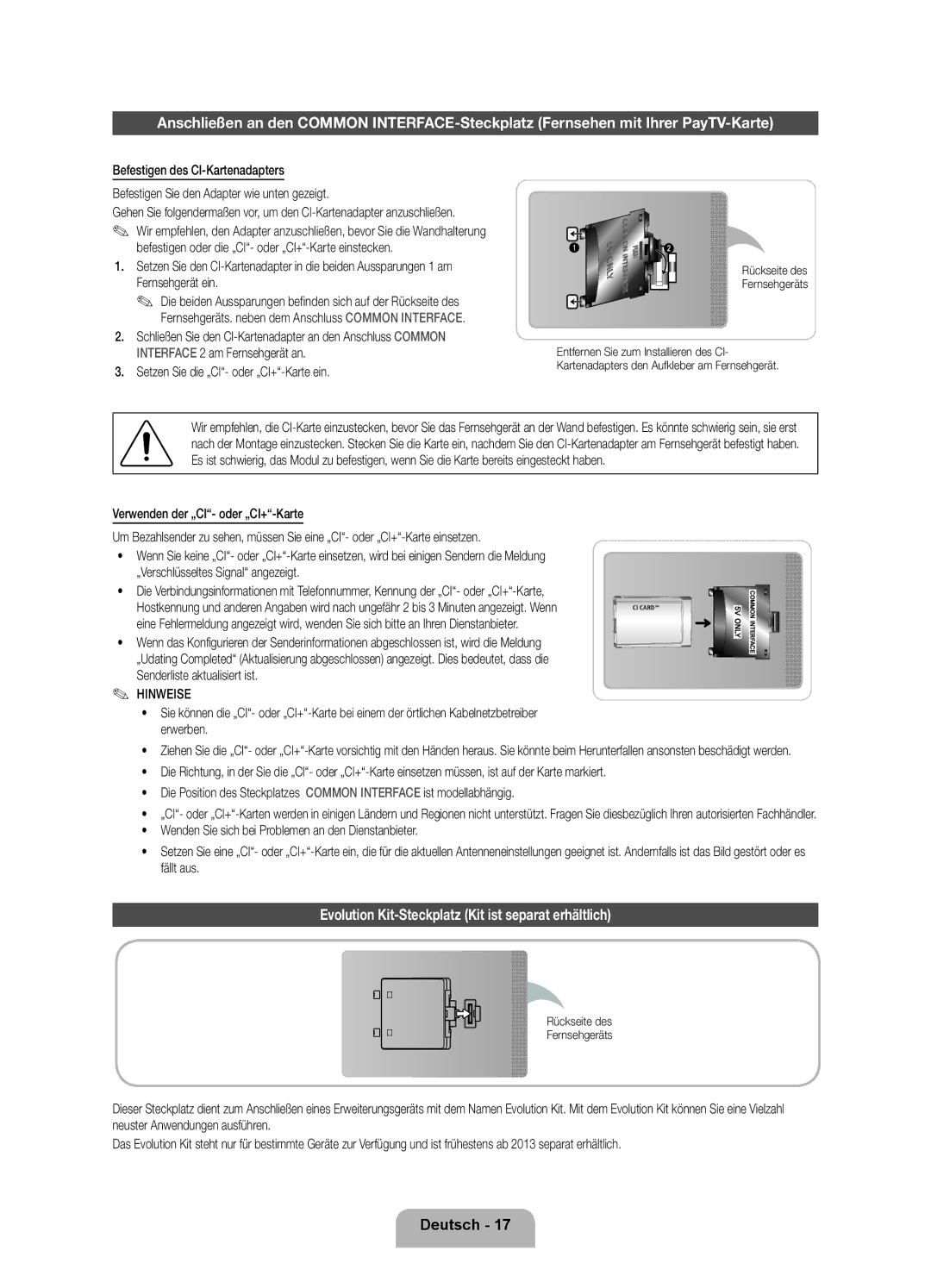 Samsung UE46ES8090SXZG manual Evolution Kit-Steckplatz Kit ist separat erhältlich, Setzen Sie die „CI- oder „CI+-Karte ein 