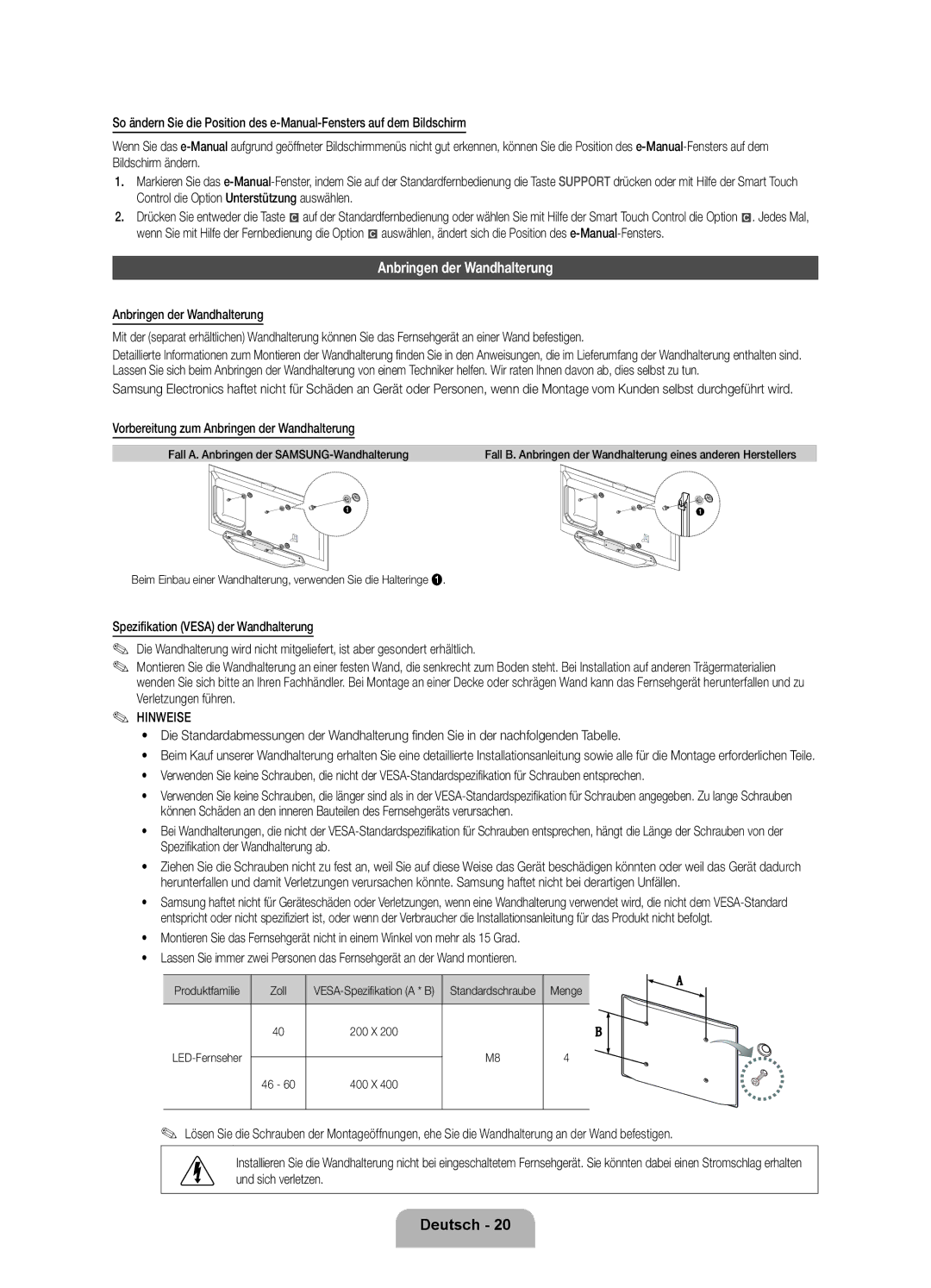 Samsung UE46ES8090SXZG, UE40ES8090SXZG manual Vorbereitung zum Anbringen der Wandhalterung, Produktfamilie Zoll, Menge 