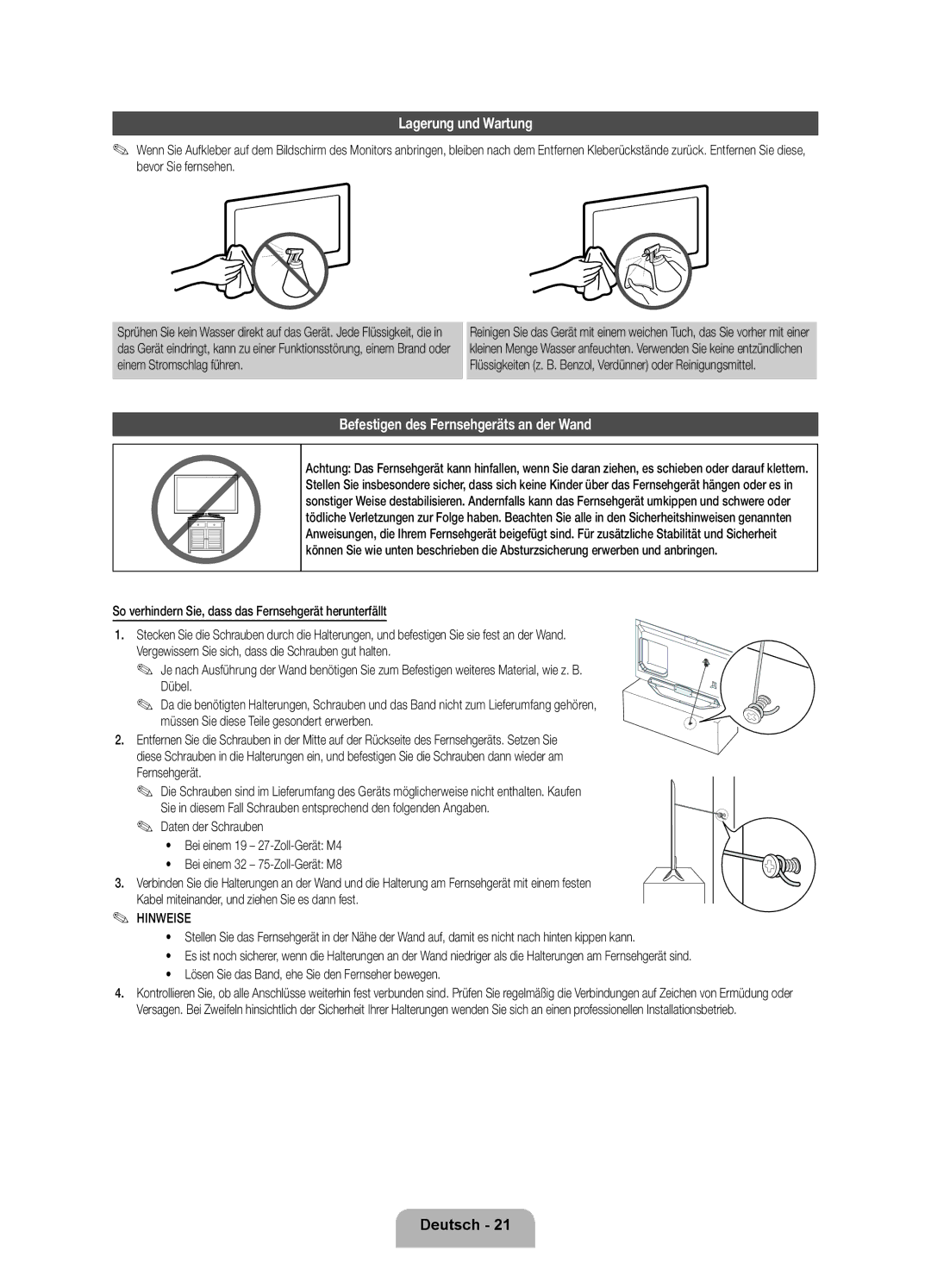 Samsung UE55ES8090SXZG, UE40ES8090SXZG, UE46ES8090SXZG manual Lagerung und Wartung, Befestigen des Fernsehgeräts an der Wand 