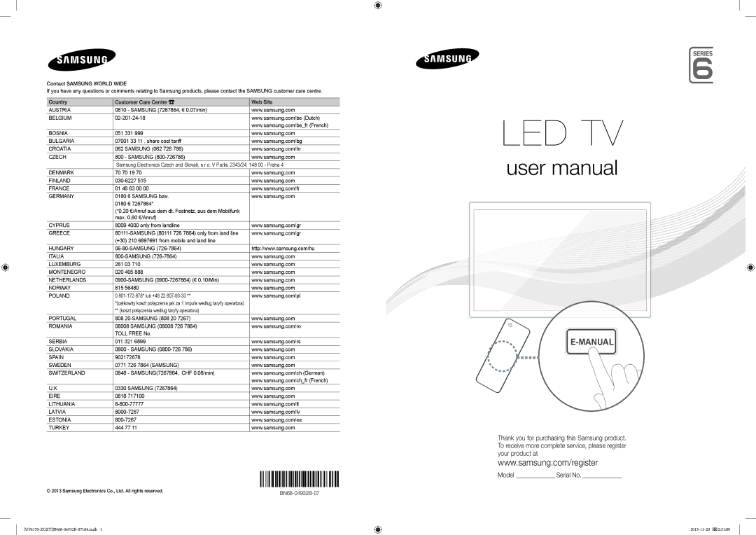 Samsung UE32F6170SSXZG manual Samsung 7267864, € 0.07/min, 02-201-24-18, 051 331, 07001 33 11 , share cost tariff, 261 03 