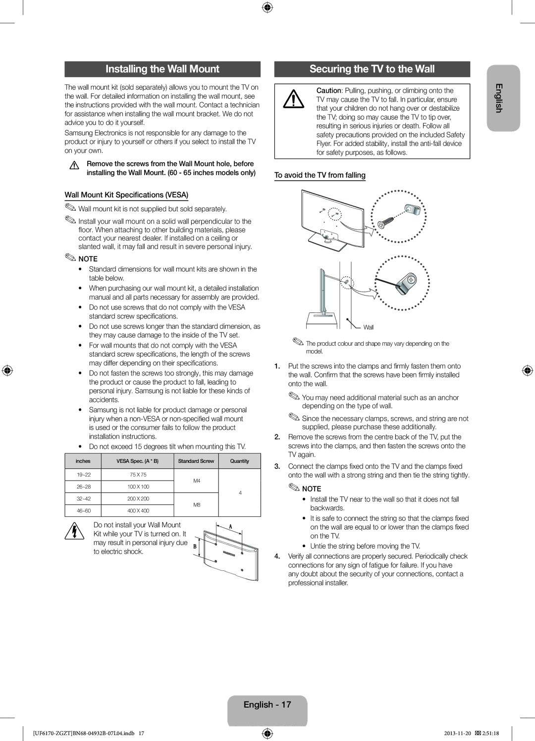 Samsung UE60F6170SSXZG manual Installing the Wall Mount, Wall Mount Kit Specifications Vesa, To avoid the TV from falling 