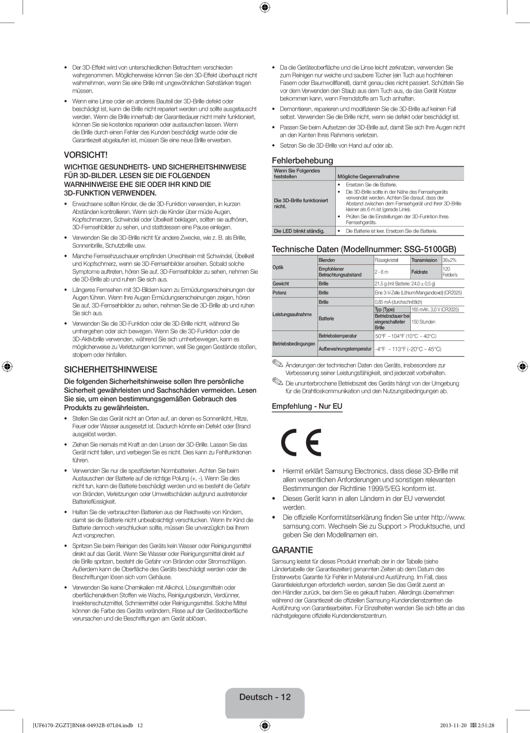 Samsung UE32F6170SSXXH, UE40F6170SSXZG manual Fehlerbehebung, Technische Daten Modellnummer SSG-5100GB, Empfehlung Nur EU 