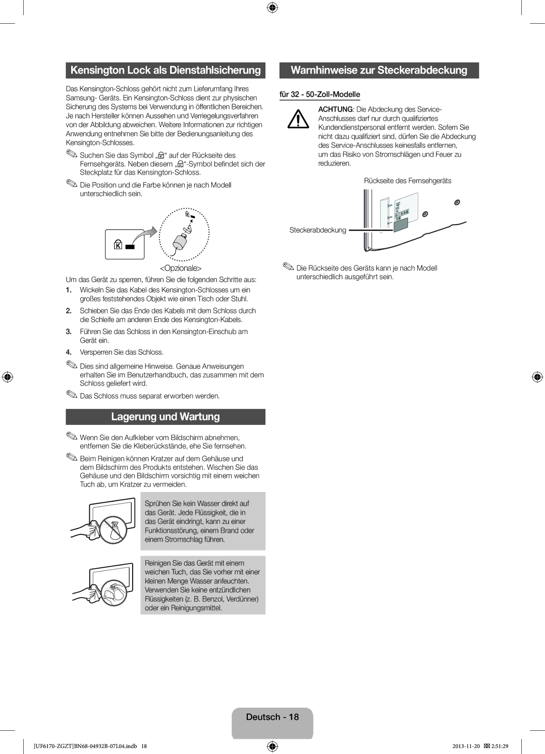 Samsung UE46F6170SSXZG manual Warnhinweise zur Steckerabdeckung, Lagerung und Wartung, Für 32 50-Zoll-Modelle, Opzionale 