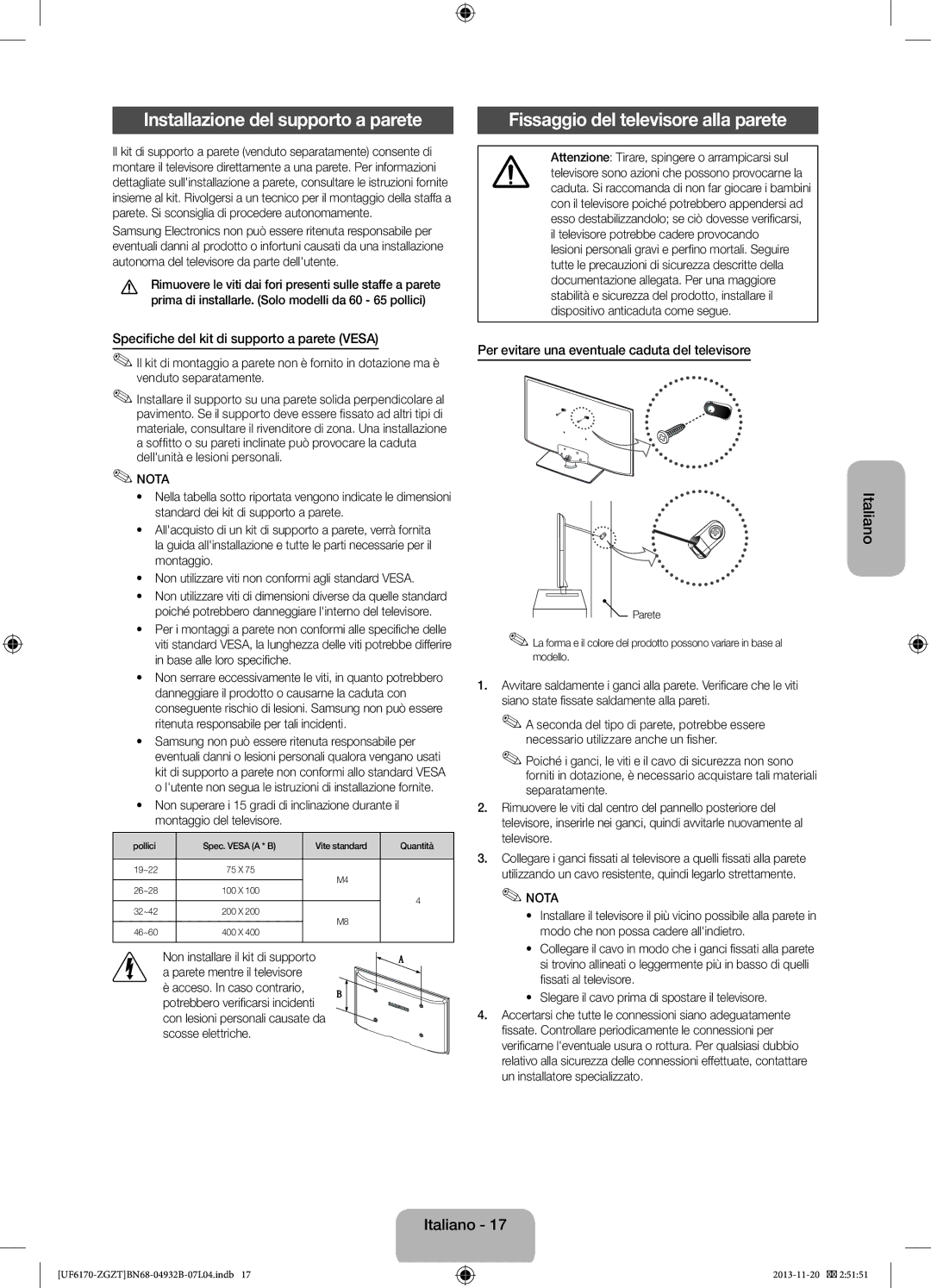 Samsung UE40F6170SSXZG, UE32F6170SSXZG Installazione del supporto a parete, Specifiche del kit di supporto a parete Vesa 