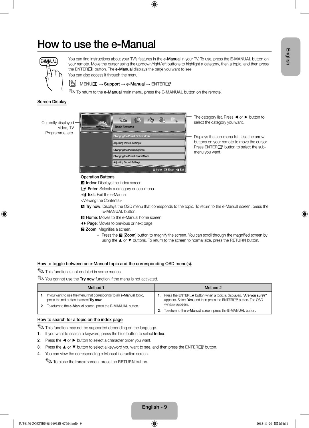 Samsung UE50F6170SSXXH manual OO MENUm→ Support → e-Manual → Entere, Screen Display, How to search for a topic on the index 