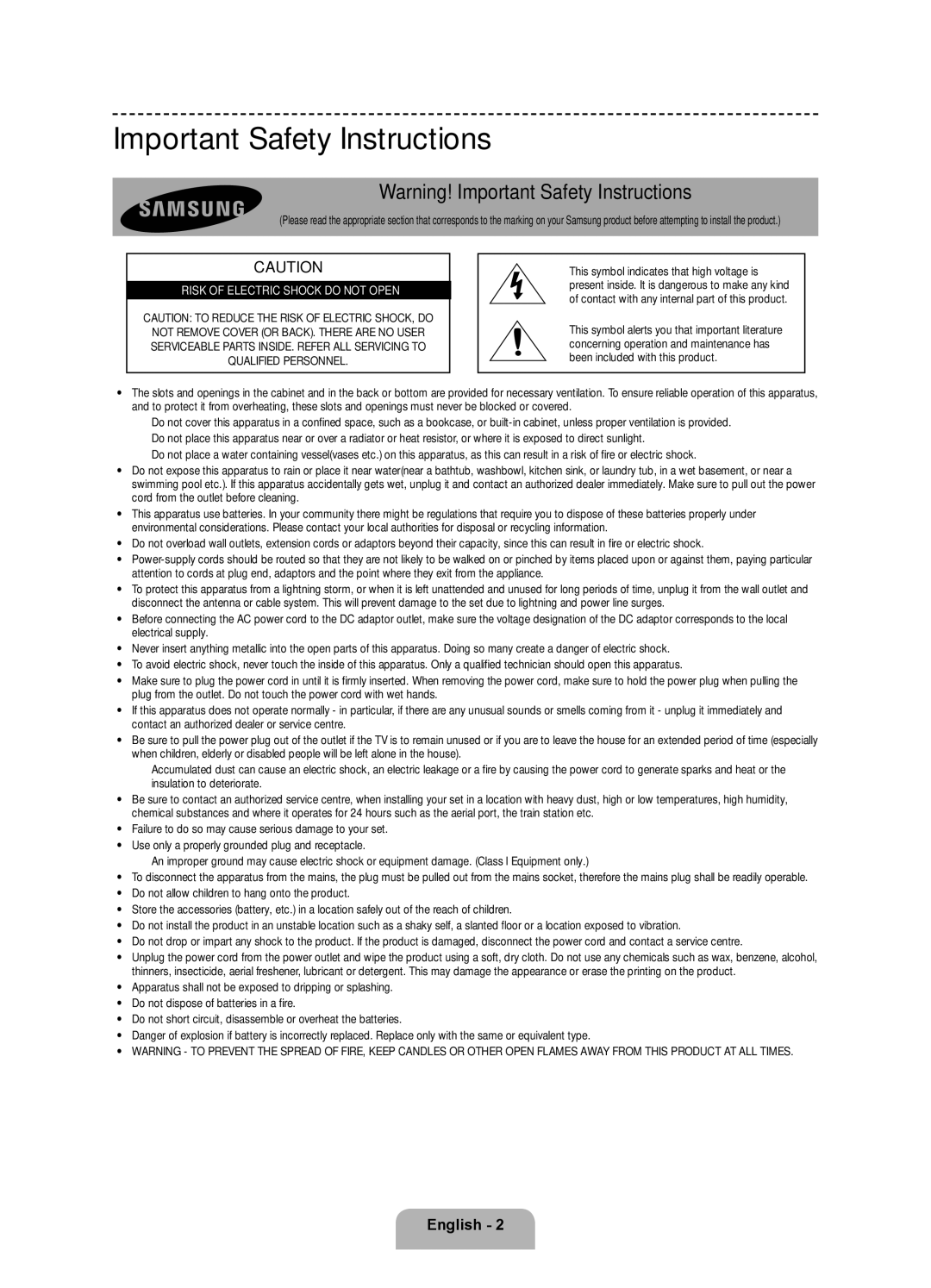 Samsung UE32F6200AKXRU, UE40F6200AKXRU, UE46F6200AKXRU Important Safety Instructions, Risk of Electric Shock do not Open 