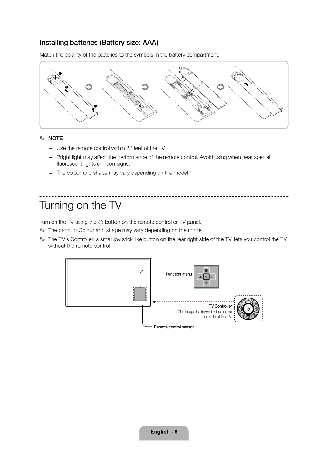 Samsung UE32F6200AKXRU manual Turning on the TV, Installing batteries Battery size AAA, Function menu TV Controller 