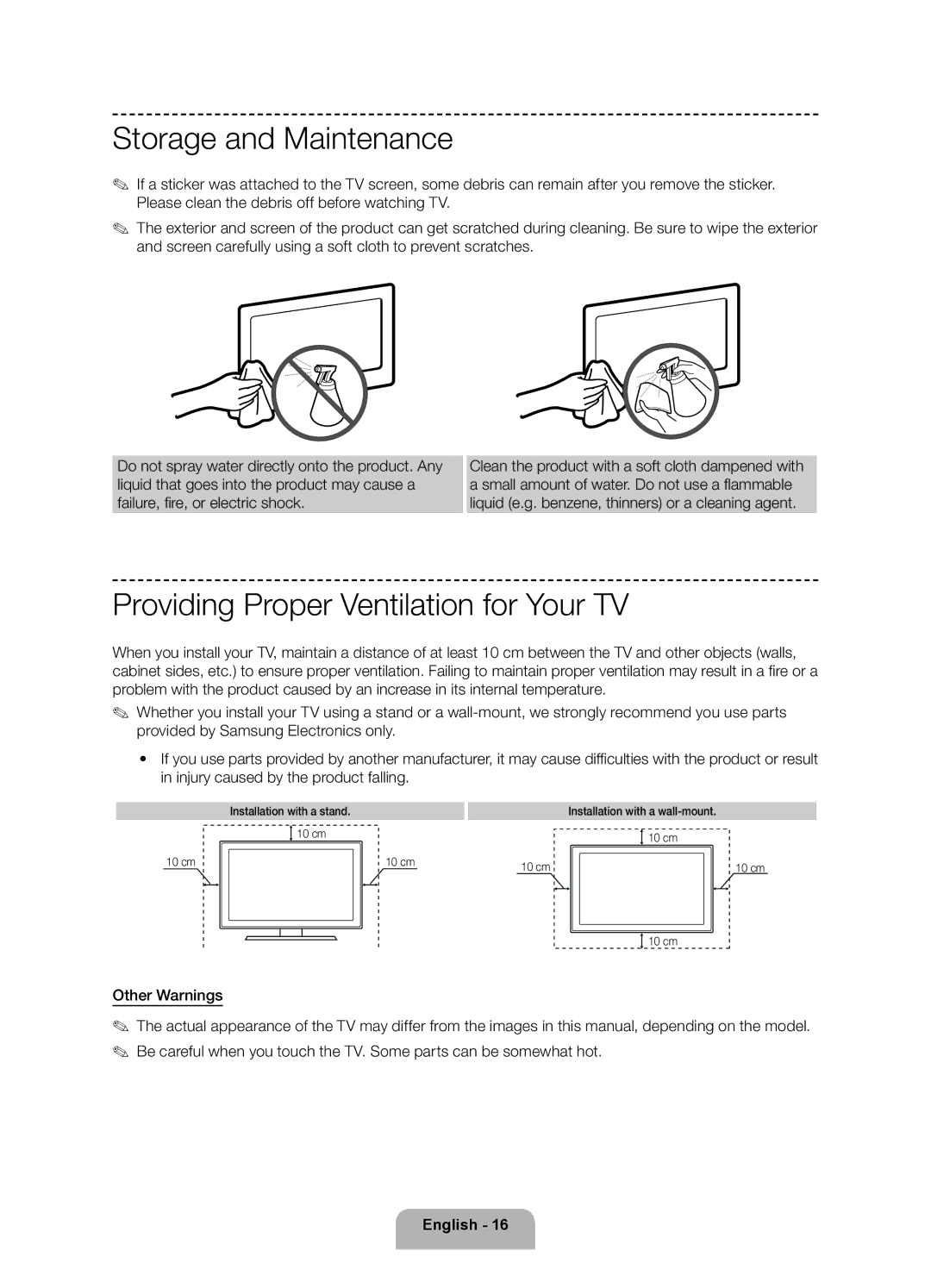 Samsung UE40F6200AKXRU Storage and Maintenance, Providing Proper Ventilation for Your TV, Installation with a stand 10 cm 