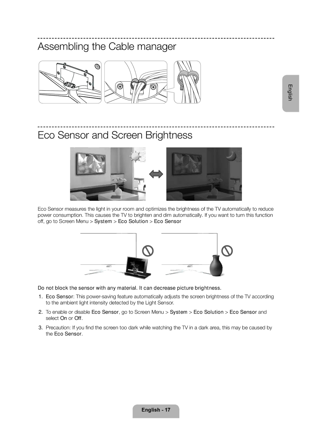 Samsung UE46F6200AKXRU, UE40F6200AKXRU, UE32F6200AKXRU manual Assembling the Cable manager, Eco Sensor and Screen Brightness 