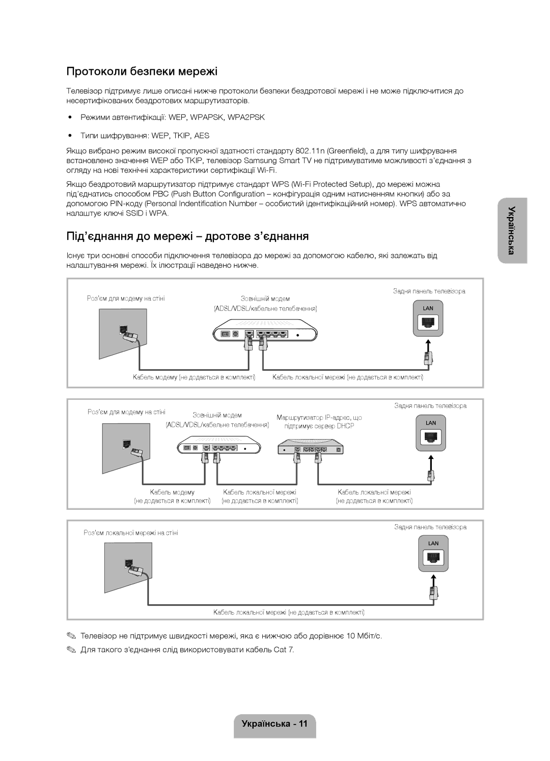 Samsung UE50F6200AKXRU manual Протоколи безпеки мережі, Під’єднання до мережі дротове з’єднання, Налаштує ключі Ssid і WPA 