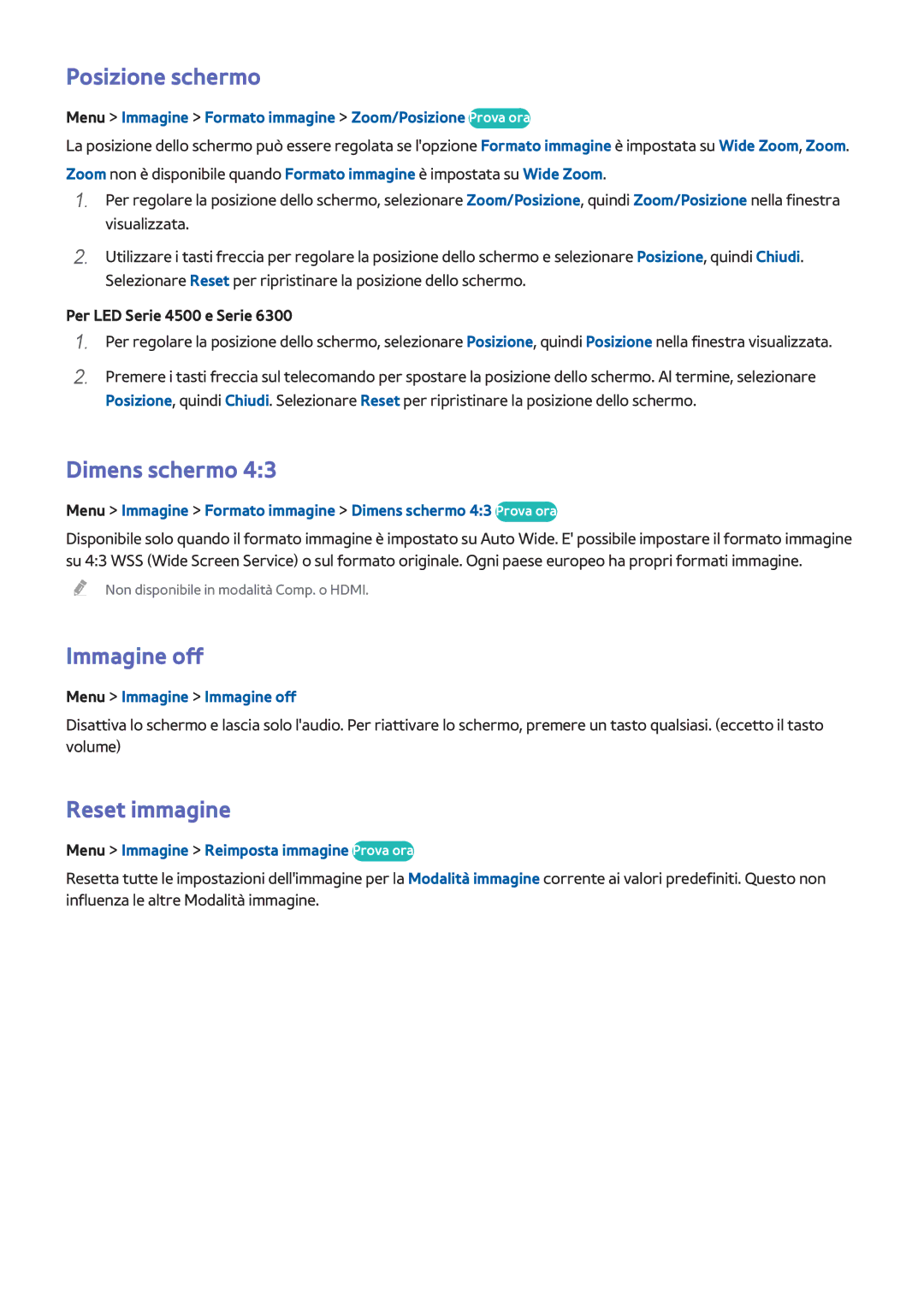 Samsung UE46F6500SSXZG, UE40F6500SSXXH, UE32F5300AWXZH manual Posizione schermo, Dimens schermo, Immagine off, Reset immagine 