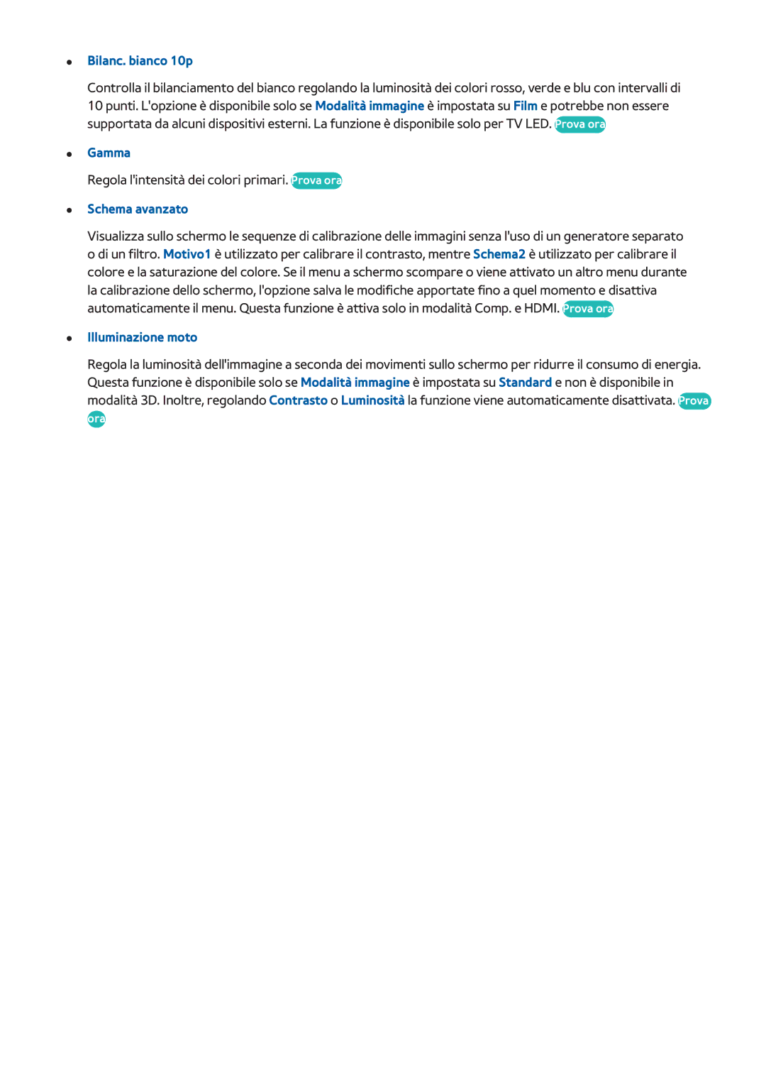 Samsung UE50F6770SSXXN, UE40F6500SSXXH, UE32F5300AWXZH manual Bilanc. bianco 10p, Gamma, Schema avanzato, Illuminazione moto 