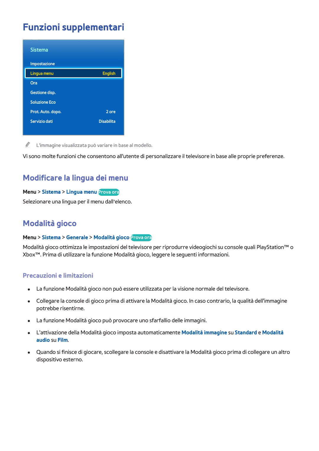 Samsung UE75F6300AYXZT Funzioni supplementari, Modificare la lingua dei menu, Modalità gioco, Precauzioni e limitazioni 