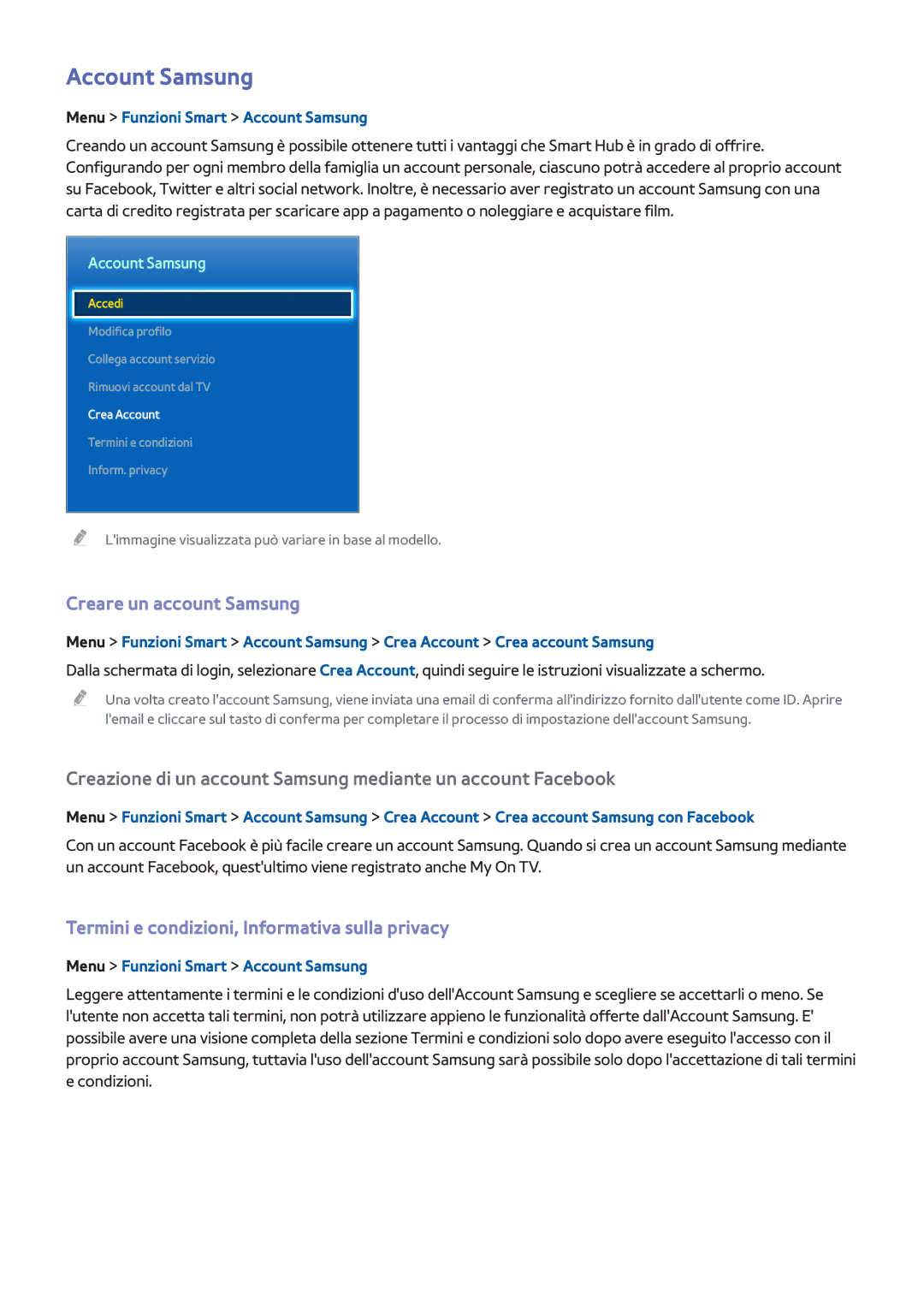 Samsung UE40F5500AWXXN manual Account Samsung, Creare un account Samsung, Termini e condizioni, Informativa sulla privacy 
