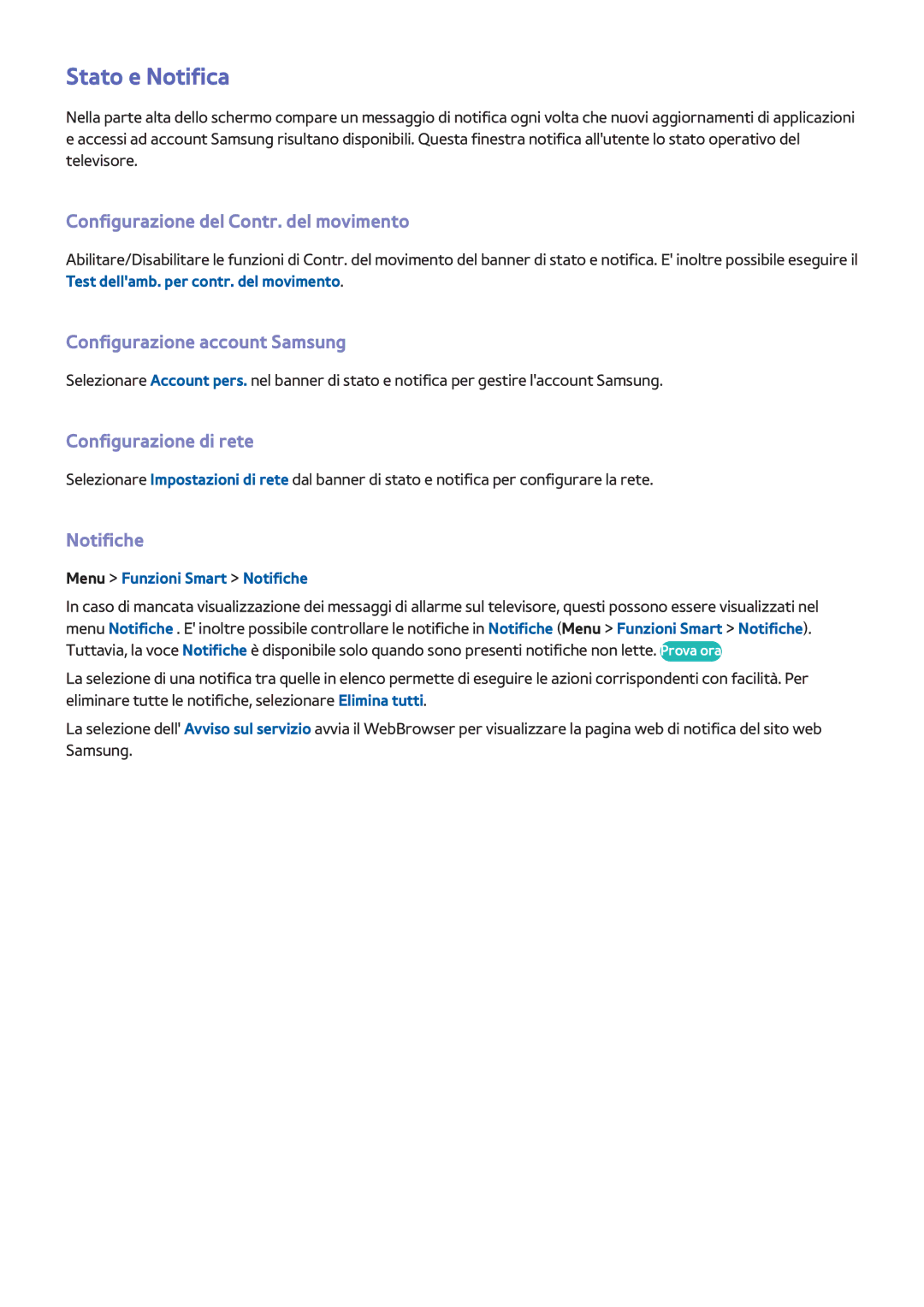 Samsung UE32F5500AYXZT manual Stato e Notifica, Configurazione del Contr. del movimento, Configurazione account Samsung 