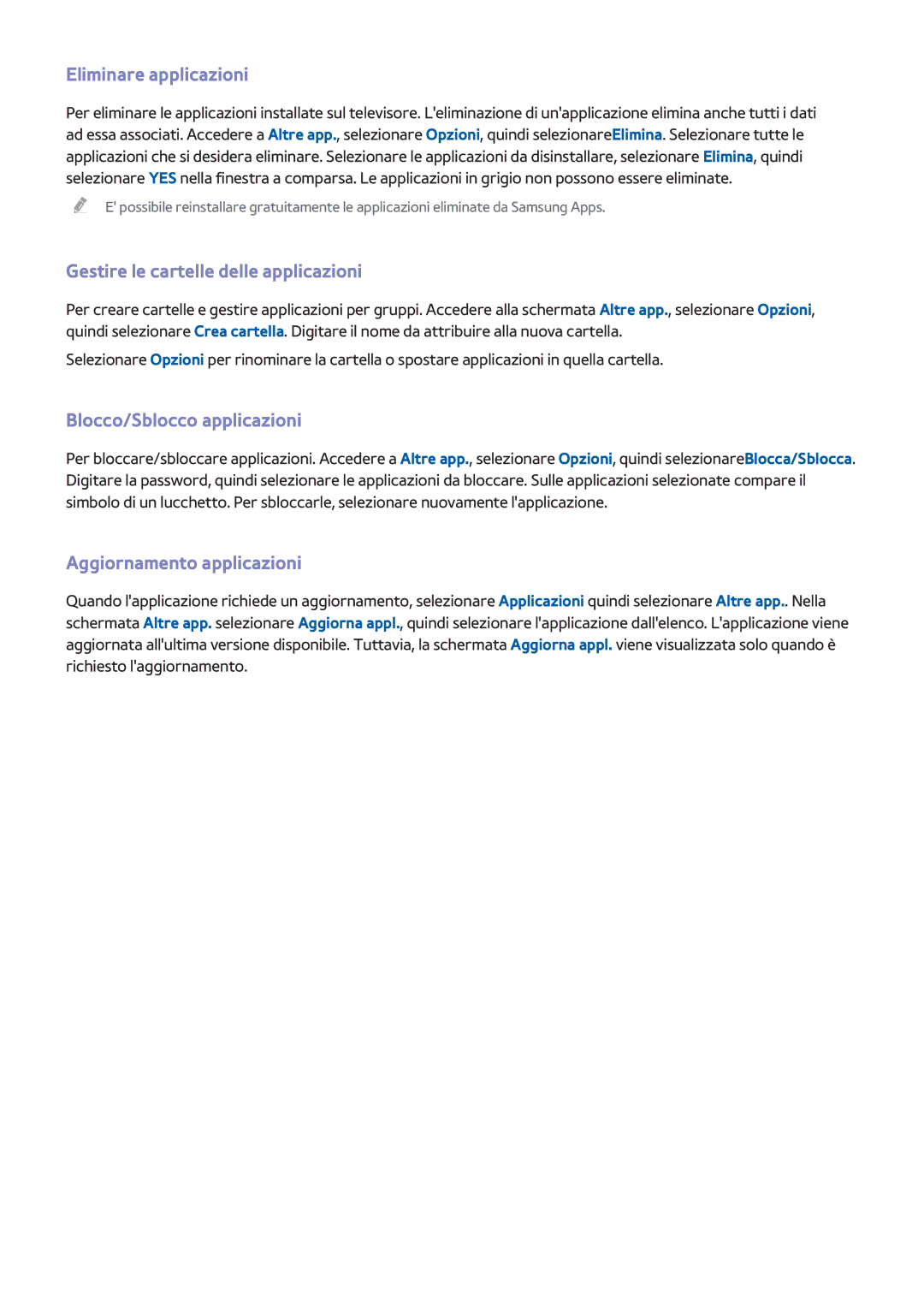 Samsung UE50F6400AYXZT manual Eliminare applicazioni, Gestire le cartelle delle applicazioni, Blocco/Sblocco applicazioni 