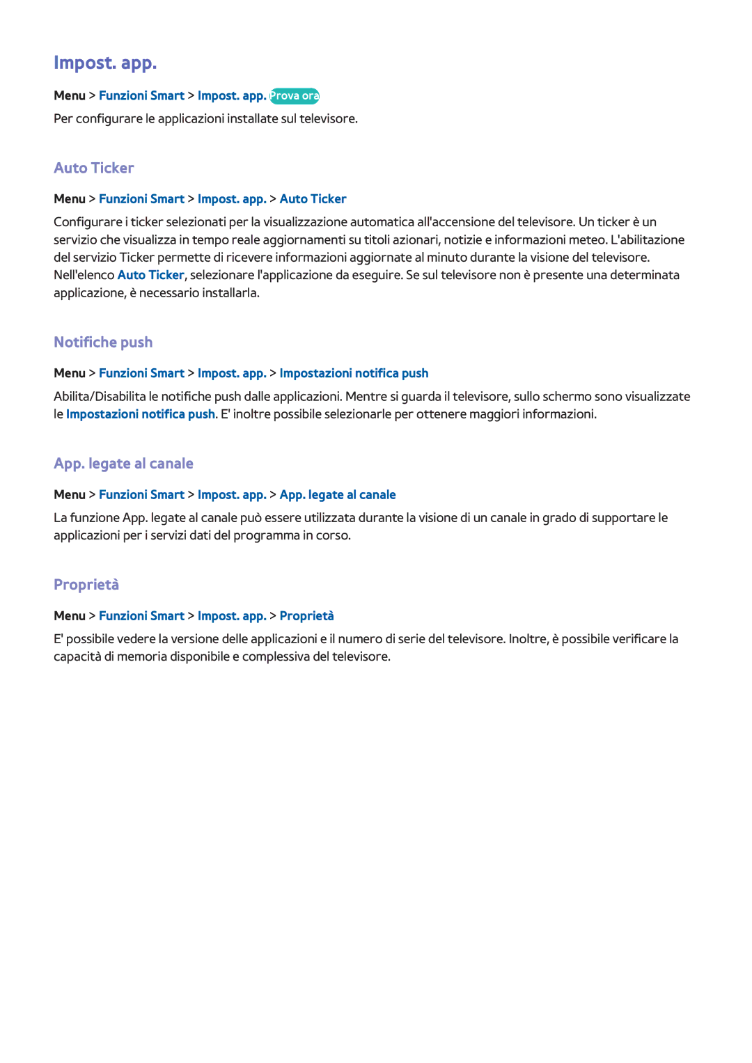 Samsung UE39F5300AWXXH, UE40F6500SSXXH manual Impost. app, Auto Ticker, Notifiche push, App. legate al canale, Proprietà 
