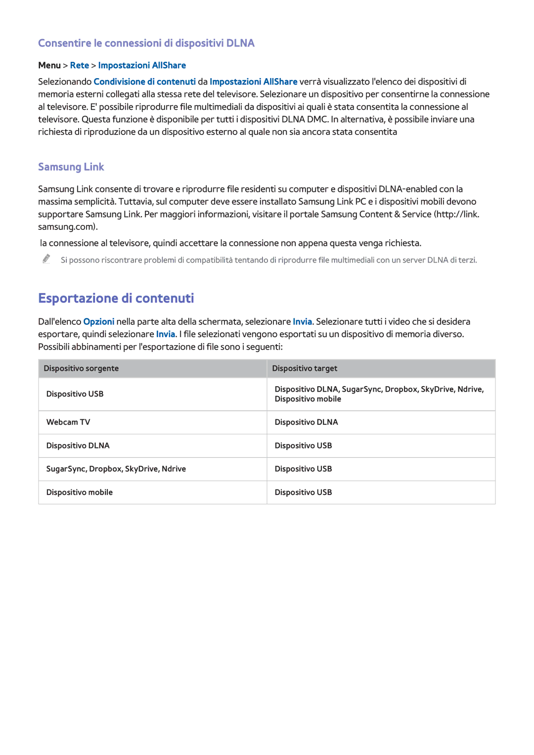 Samsung UE46F5300AYXZT manual Esportazione di contenuti, Consentire le connessioni di dispositivi Dlna, Samsung Link 