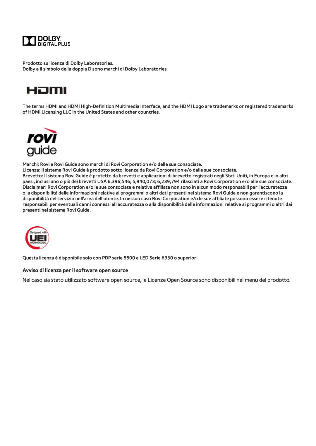 Samsung UE55F6770SSXXH, UE40F6500SSXXH, UE32F5300AWXZH, UE55F6500SSXZG manual Avviso di licenza per il software open source 