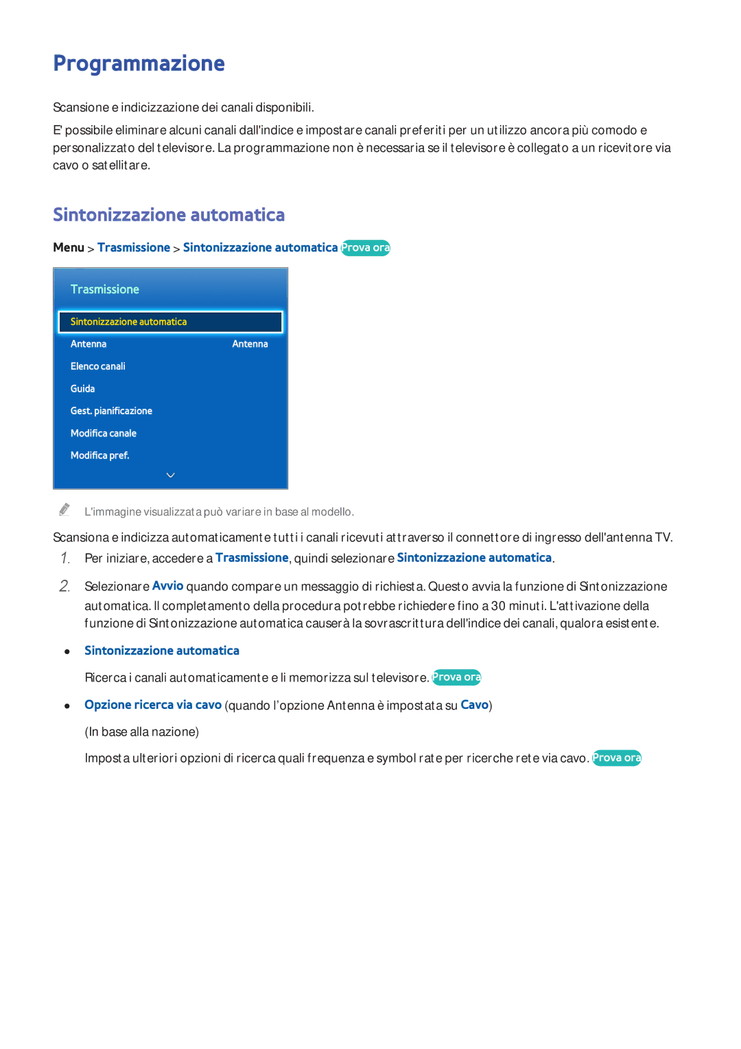 Samsung UE55F6770SSXXH, UE40F6500SSXXH manual Programmazione, Menu Trasmissione Sintonizzazione automatica Prova ora 