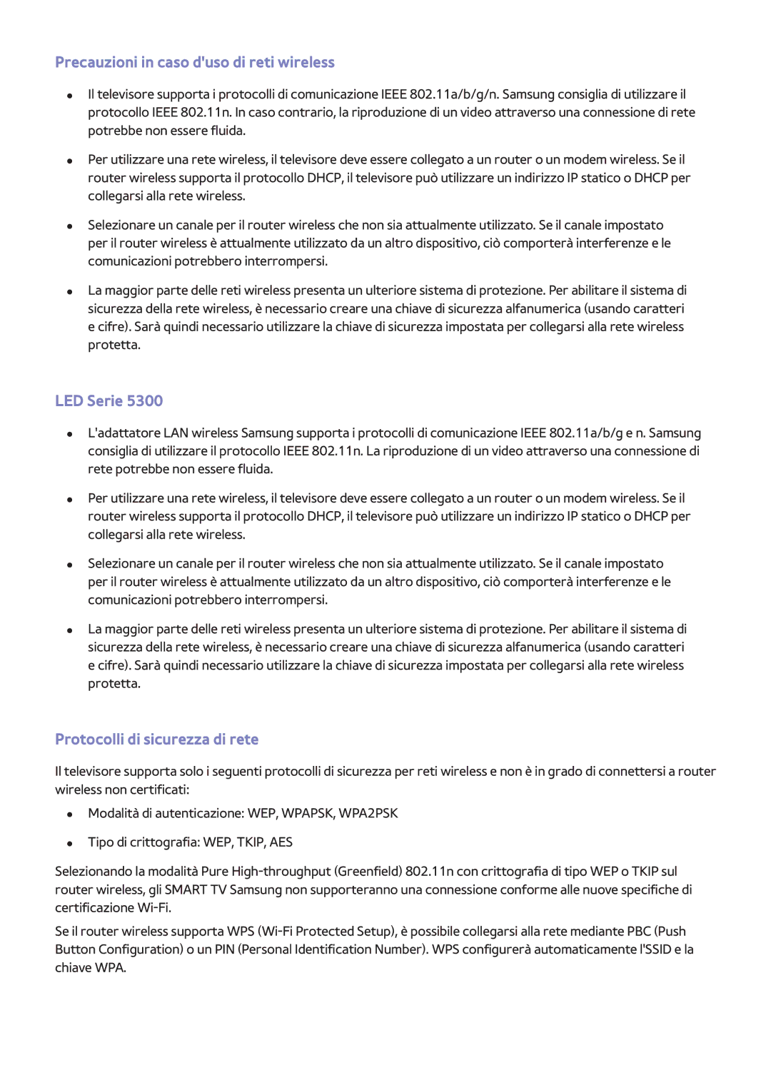 Samsung UE32F4510AYXZT, UE40F6500SSXXH manual Precauzioni in caso duso di reti wireless, Protocolli di sicurezza di rete 