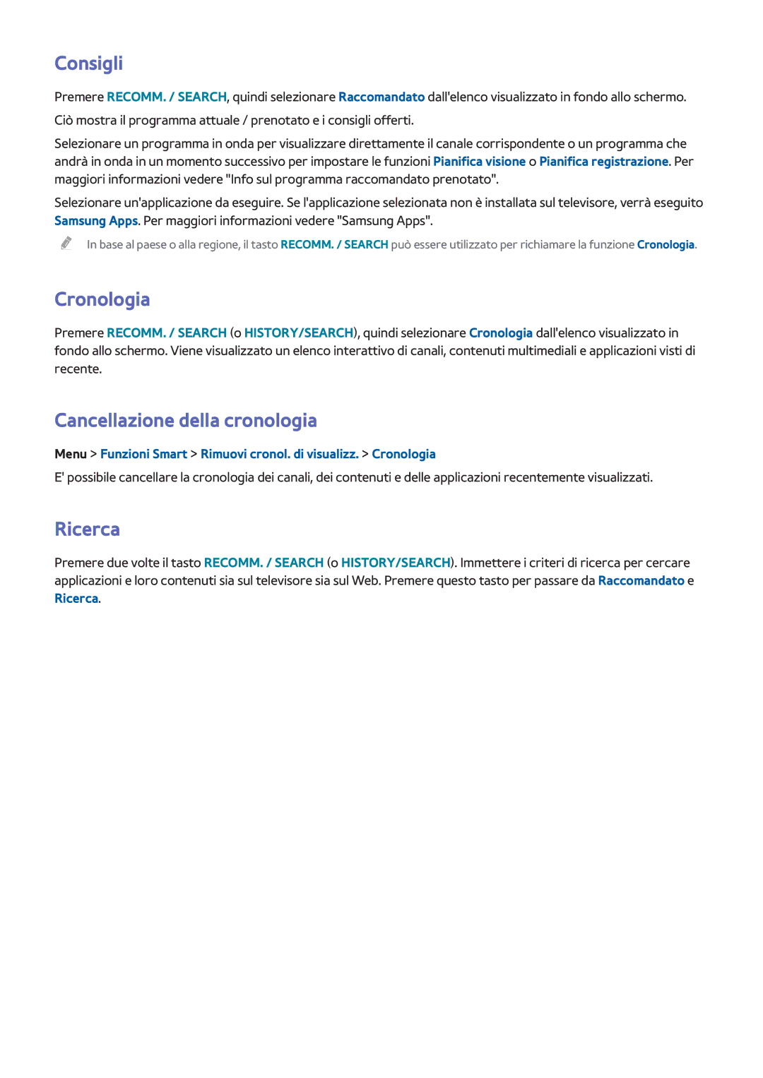 Samsung UE40F6800SDXZT, UE40F6500SSXXH, UE32F5300AWXZH manual Consigli, Cronologia, Cancellazione della cronologia, Ricerca 