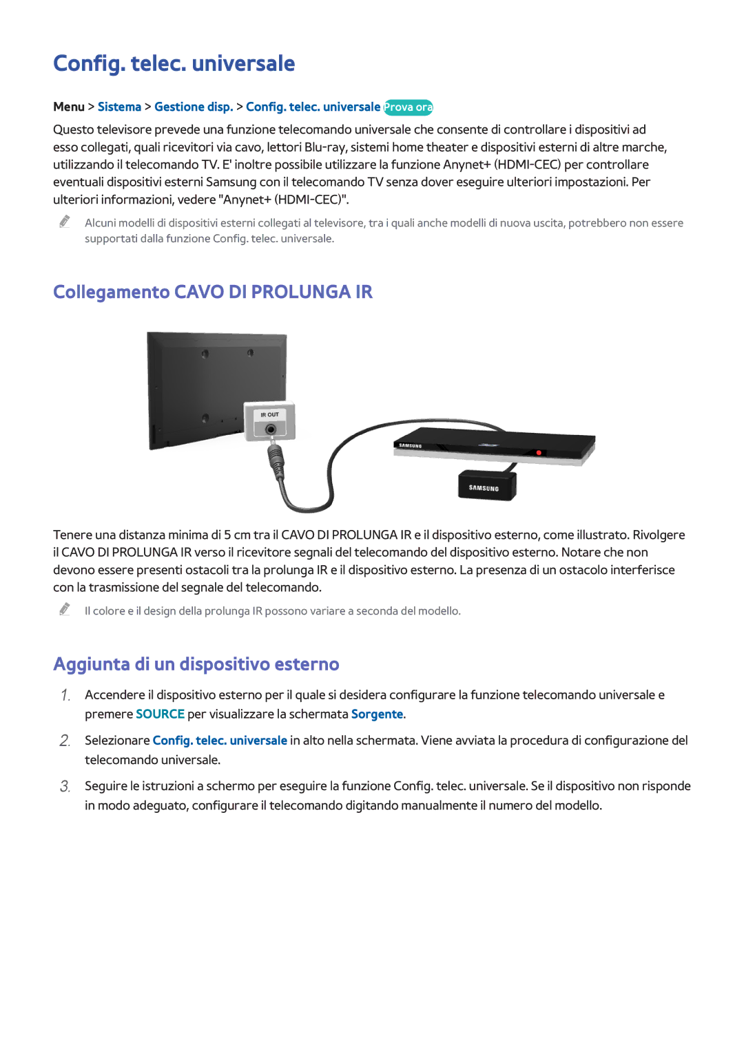 Samsung UE40F5500AWXXH Config. telec. universale, Collegamento Cavo DI Prolunga IR, Aggiunta di un dispositivo esterno 