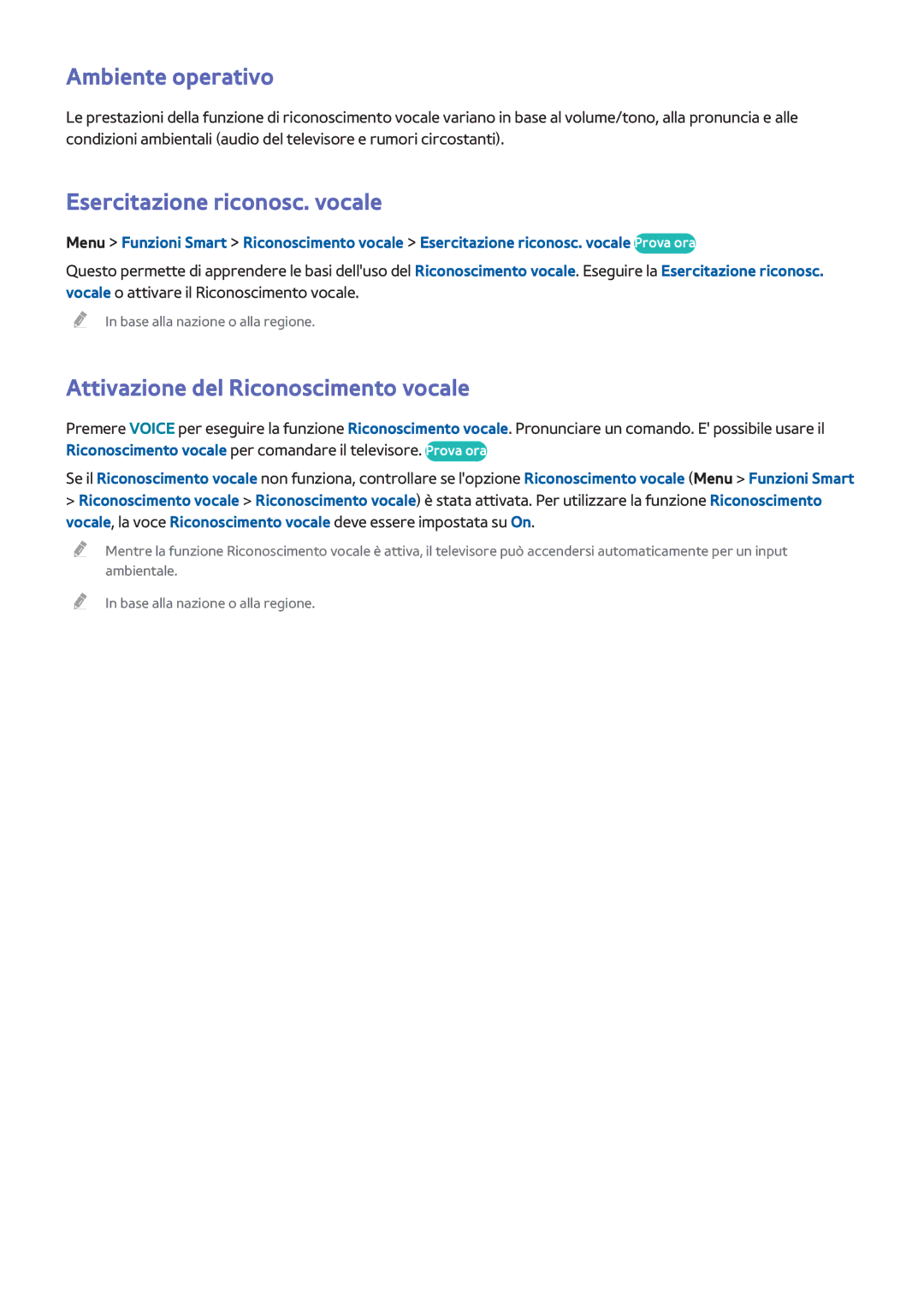 Samsung UE40F6400AYXZT manual Ambiente operativo, Esercitazione riconosc. vocale, Attivazione del Riconoscimento vocale 