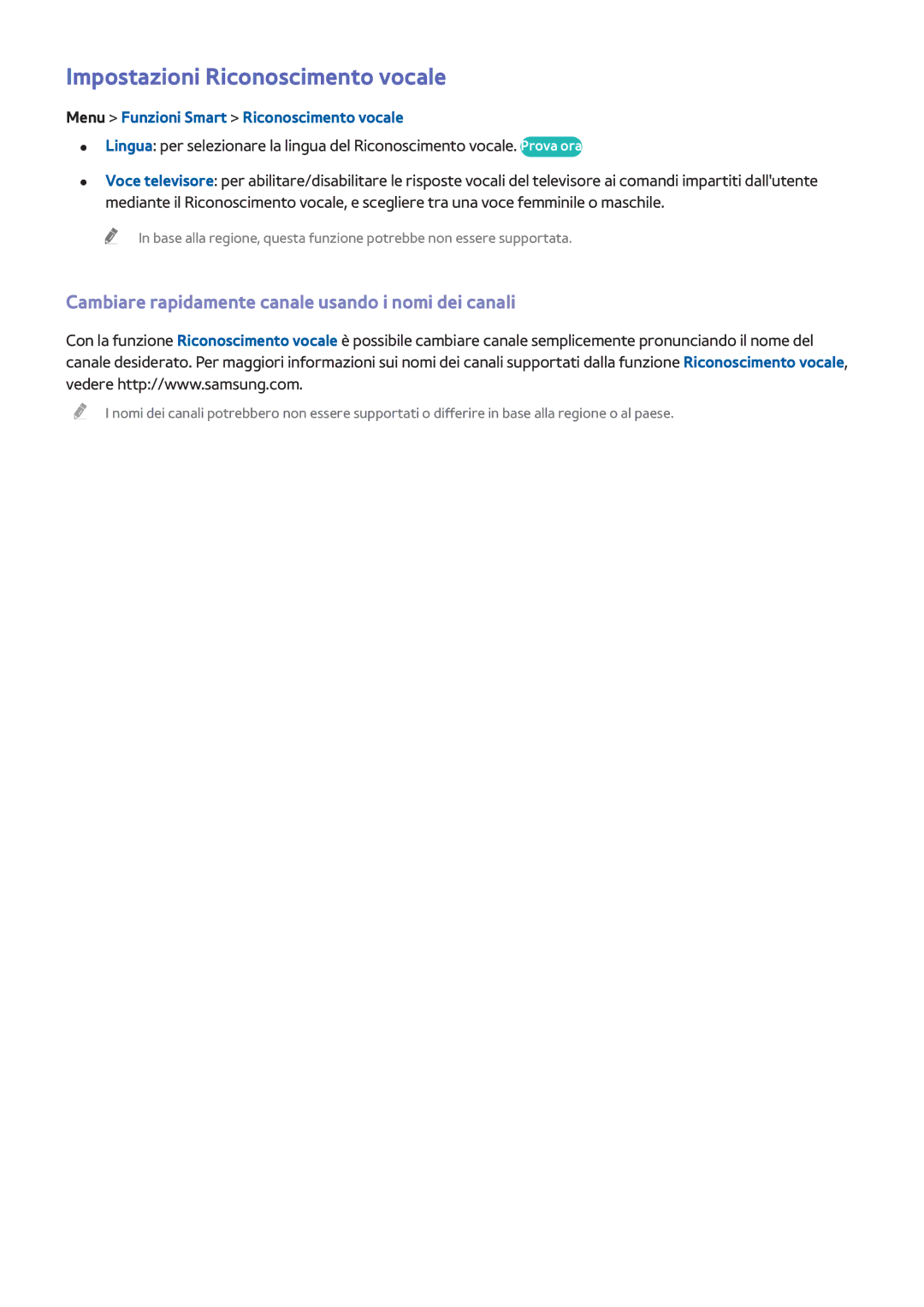 Samsung UE22F5410AYXZT manual Impostazioni Riconoscimento vocale, Cambiare rapidamente canale usando i nomi dei canali 