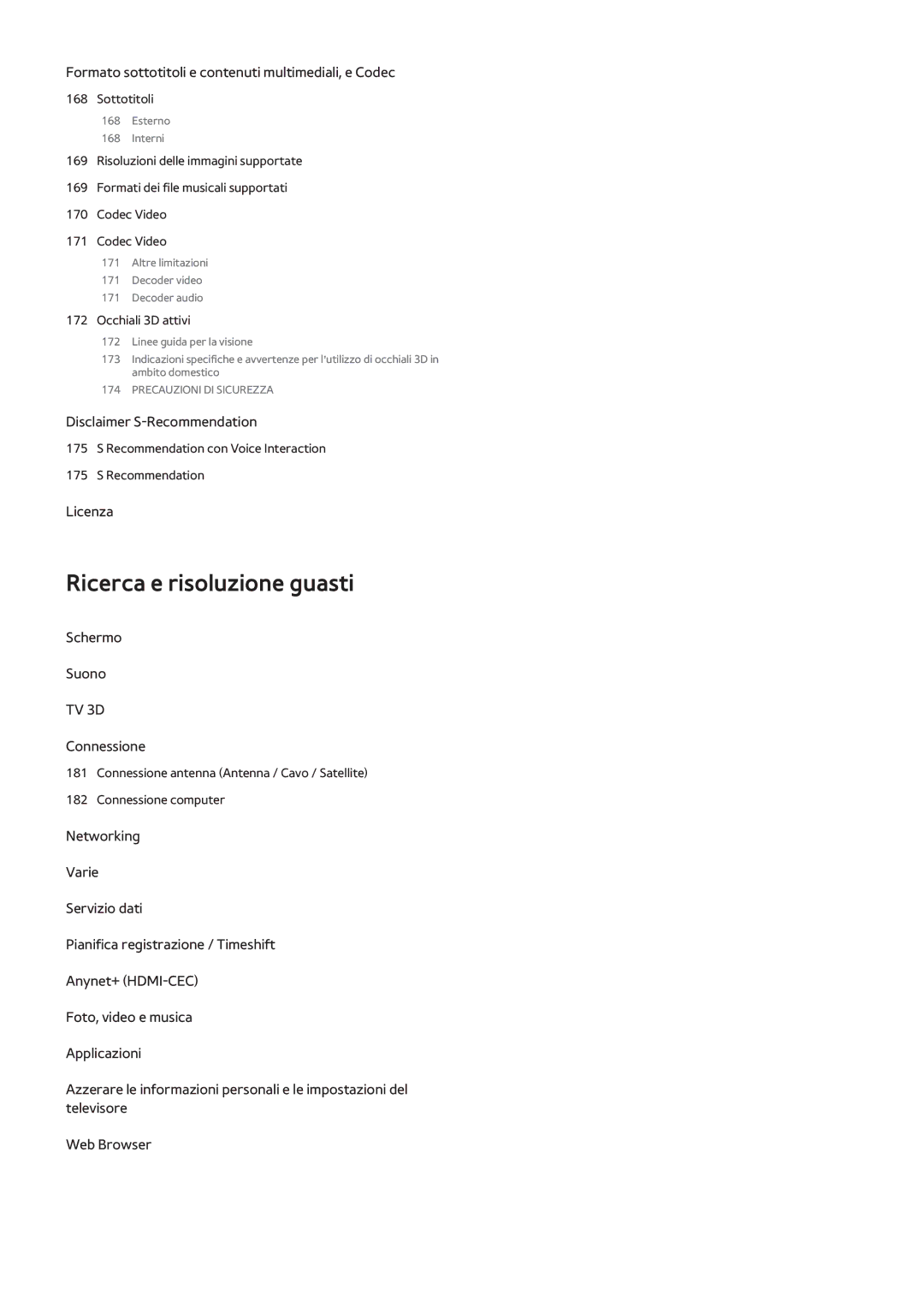 Samsung UE50F6400AKXXH, UE40F6500SSXXH, UE32F5300AWXZH, UE55F6500SSXZG, UE65F6400AWXXH manual Ricerca e risoluzione guasti 