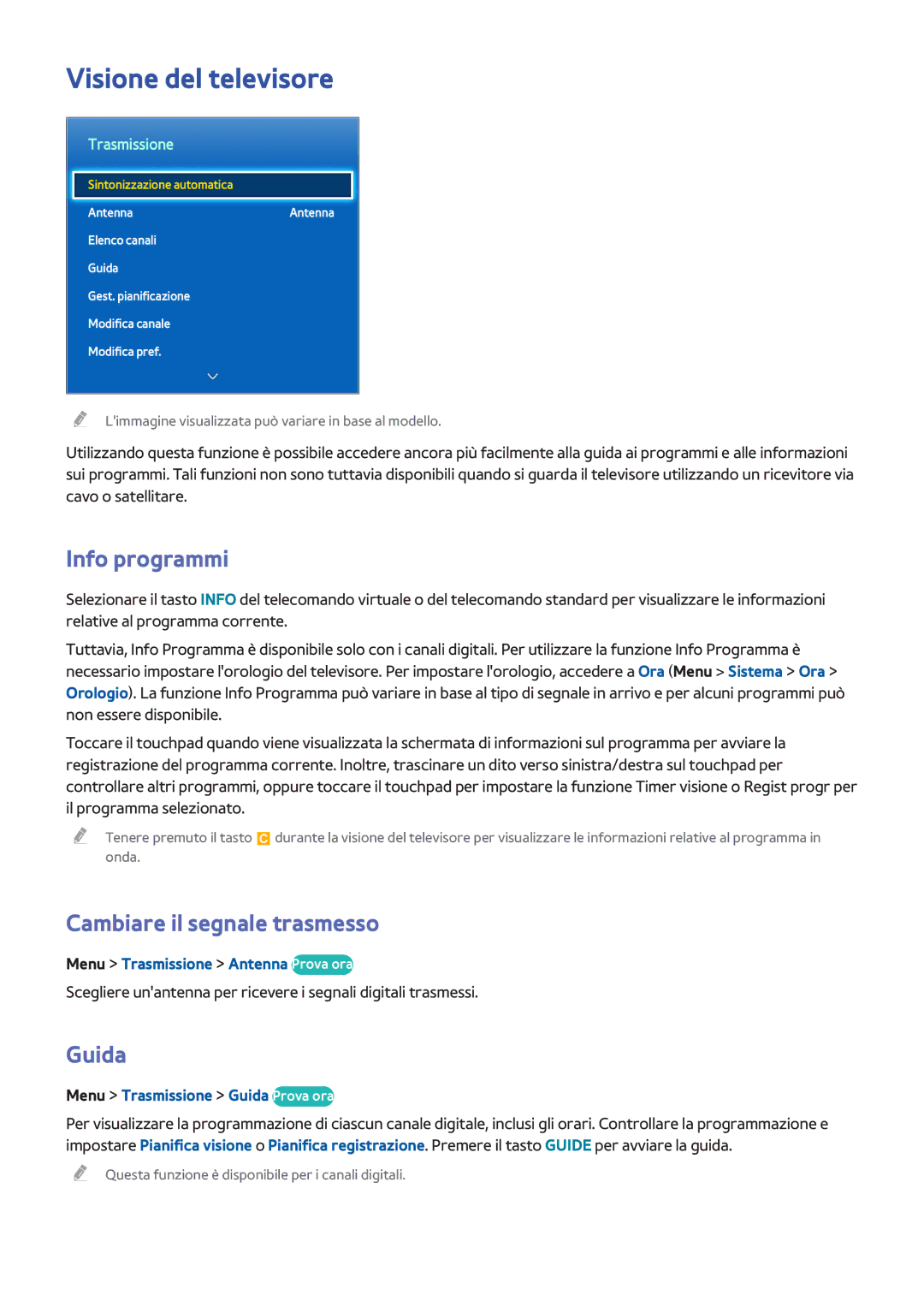 Samsung UE42F5300AWXXH, UE40F6500SSXXH manual Visione del televisore, Info programmi, Cambiare il segnale trasmesso, Guida 