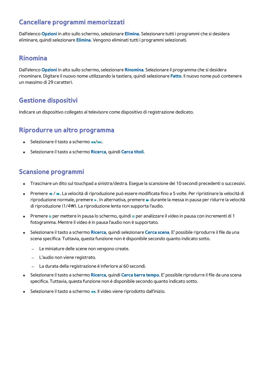 Samsung UE50F6400AKXXH Cancellare programmi memorizzati, Rinomina, Gestione dispositivi, Riprodurre un altro programma 