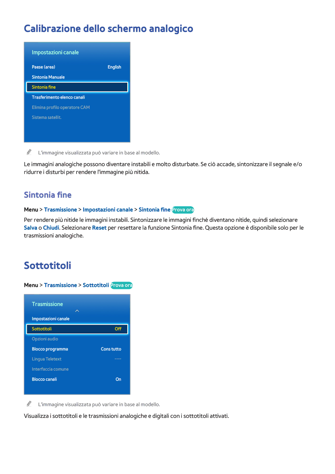 Samsung UE40F6510SSXXH manual Calibrazione dello schermo analogico, Sottotitoli, Sintonia fine, Impostazioni canale 