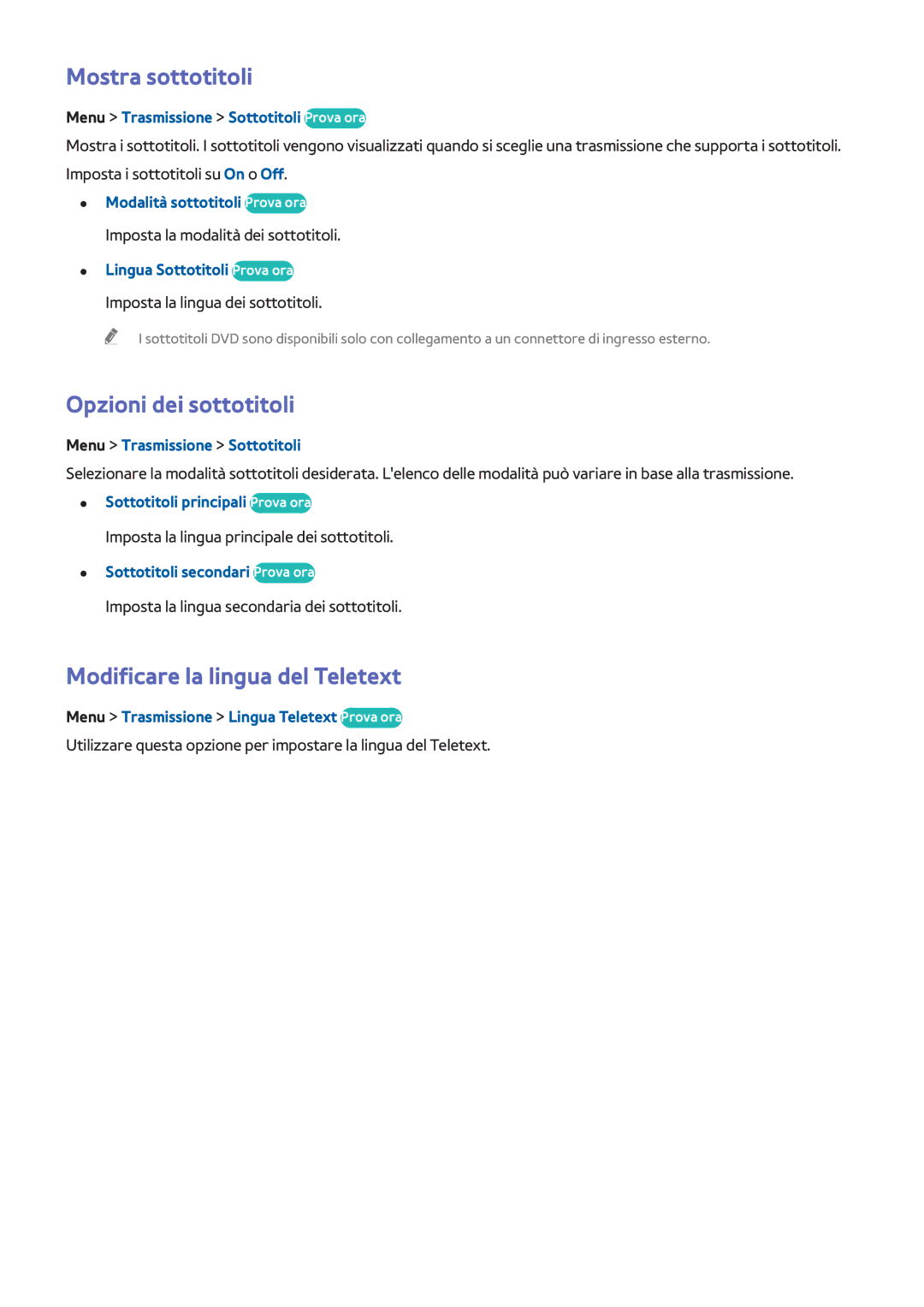 Samsung UE40F6500SSXZG, UE40F6500SSXXH manual Mostra sottotitoli, Opzioni dei sottotitoli, Modificare la lingua del Teletext 