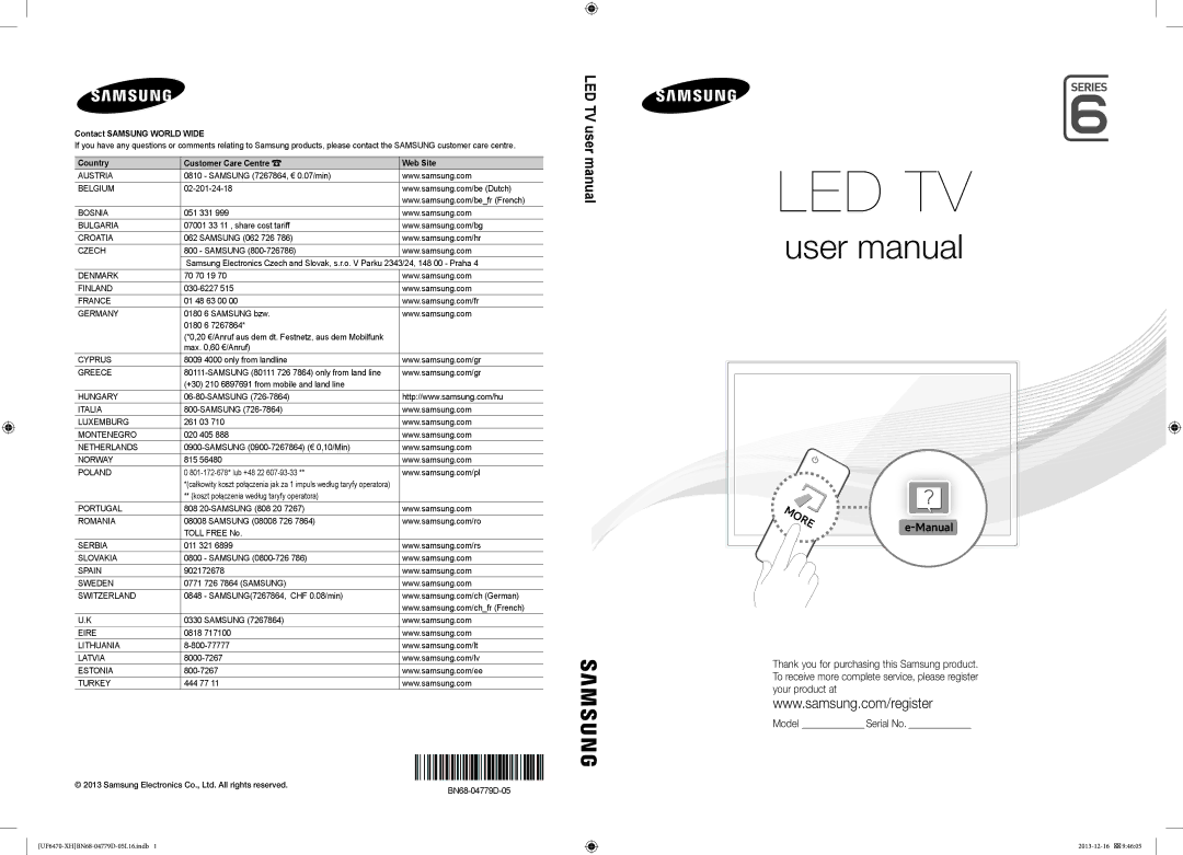 Samsung UE55F6640SSXXH, UE40F6500SSXXH manual 20 €/Anruf aus dem dt. Festnetz, aus dem Mobilfunk, BN68-04779D-05 