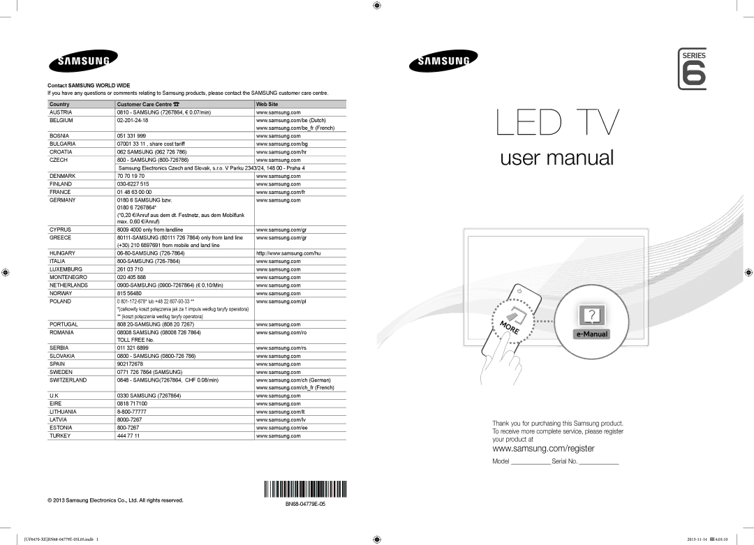 Samsung UE32F6475SBXXE, UE40F6755SBXXE manual 20 €/Anruf aus dem dt. Festnetz, aus dem Mobilfunk, BN68-04779E-05 