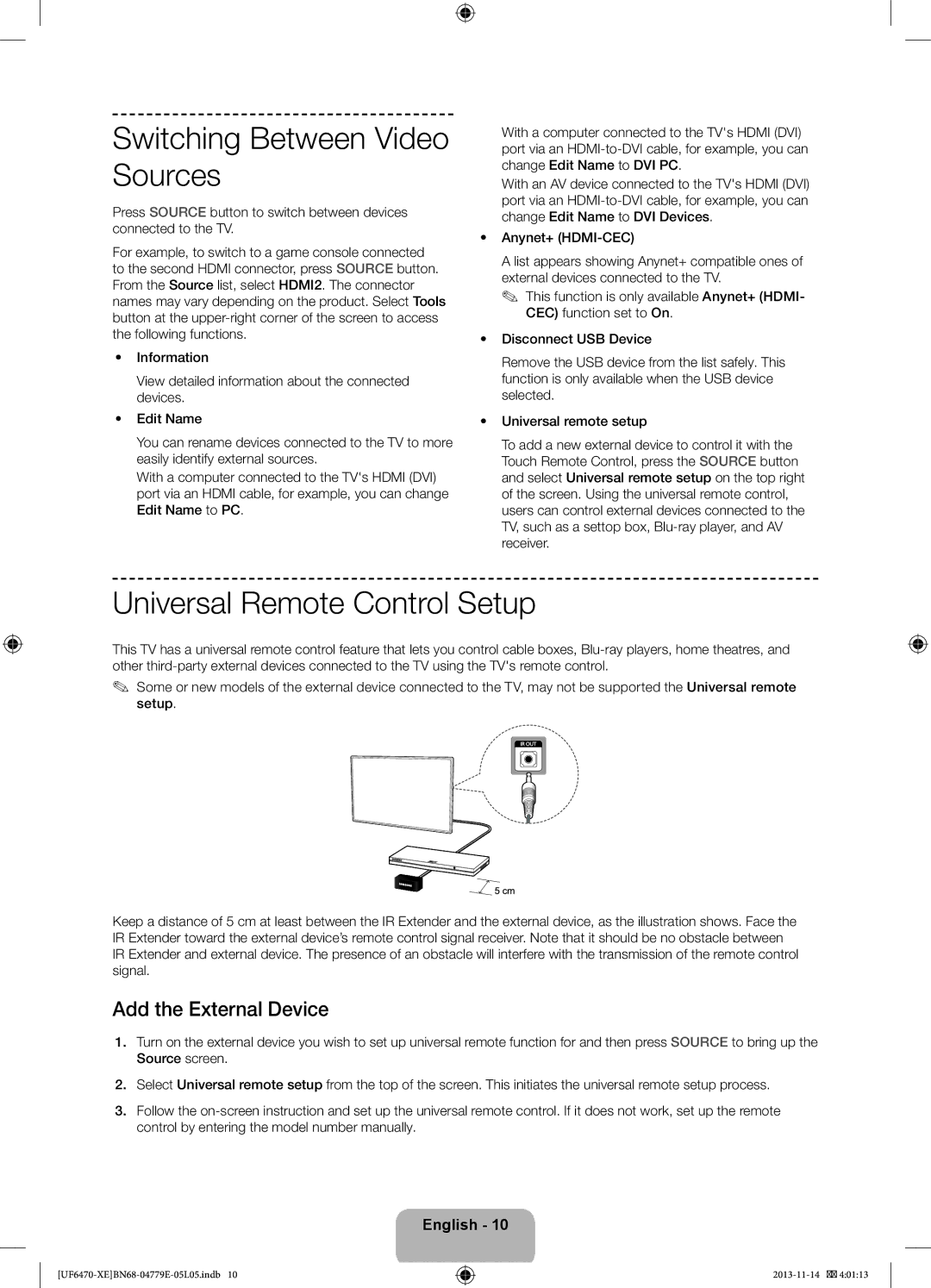 Samsung UE55F6505SBXXE manual Switching Between Video Sources, Universal Remote Control Setup, Add the External Device 