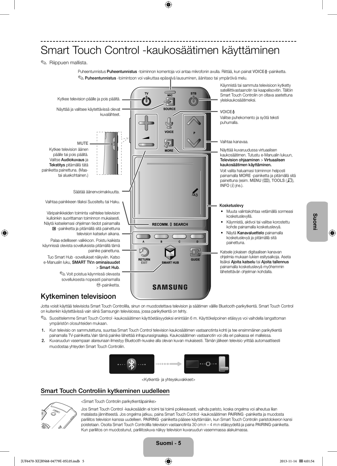 Samsung UE55F6475SBXXE manual Smart Touch Control -kaukosäätimen käyttäminen, Kytkeminen televisioon, Riippuen mallista 