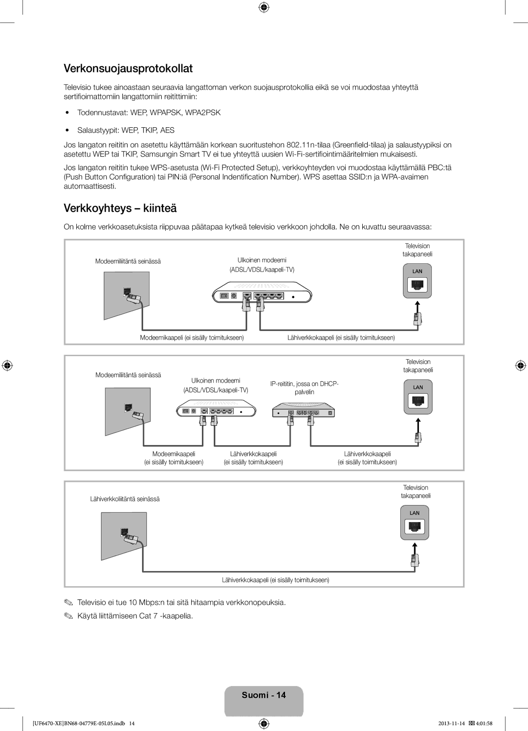 Samsung UE46F6755SBXXE, UE40F6755SBXXE manual Verkonsuojausprotokollat, Verkkoyhteys kiinteä, Modeemiliitäntä seinässä 