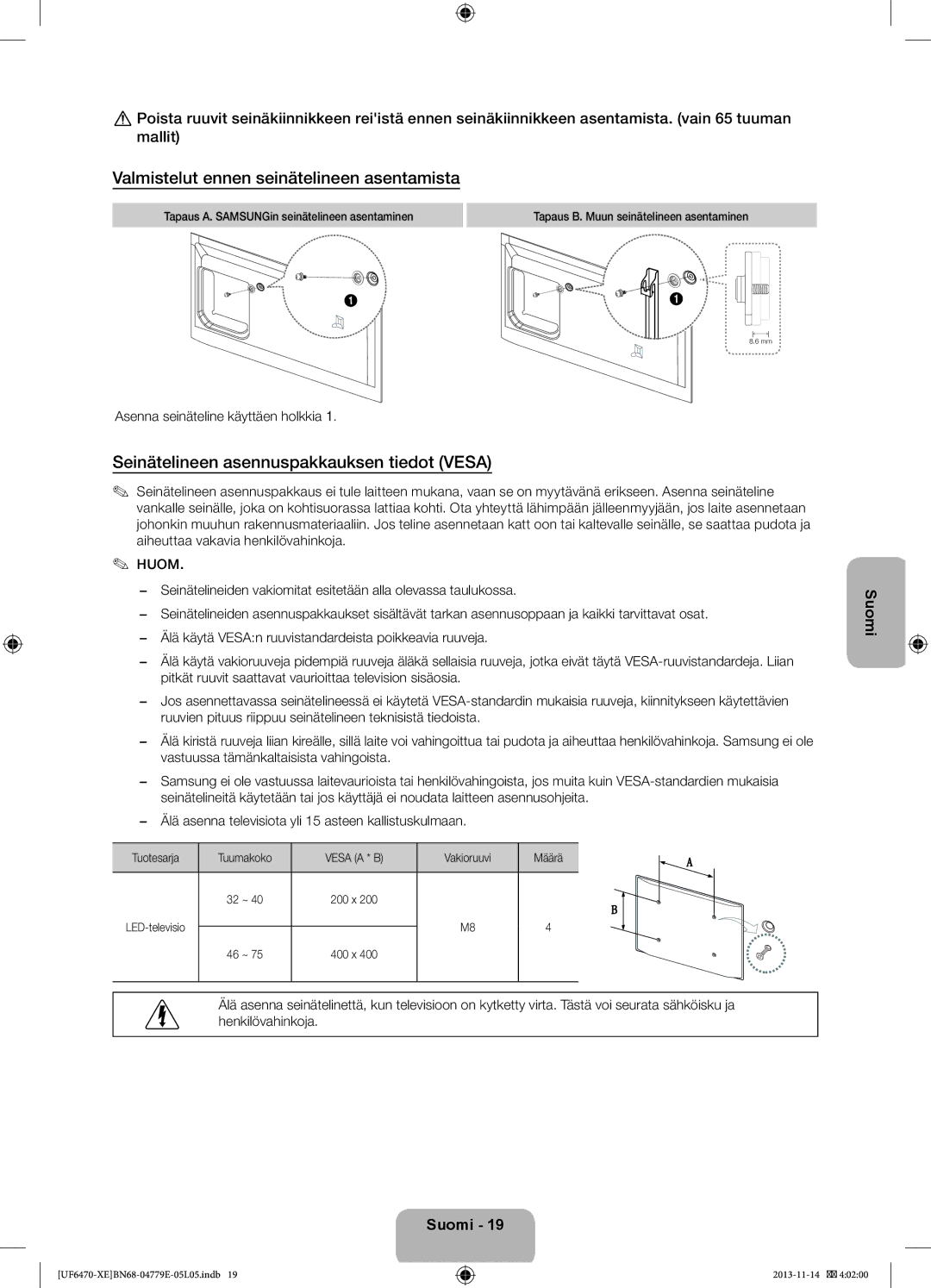 Samsung UE40F6475SBXXE manual Valmistelut ennen seinätelineen asentamista, Seinätelineen asennuspakkauksen tiedot Vesa 