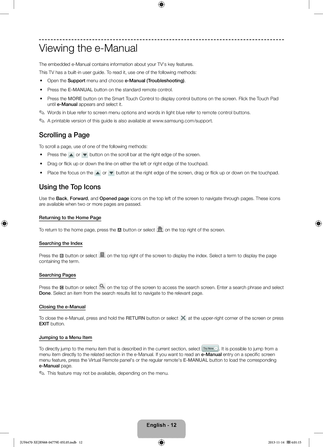 Samsung UE32F6515SBXXE, UE40F6755SBXXE, UE32F6475SBXXE manual Viewing the e-Manual, Scrolling a, Using the Top Icons 