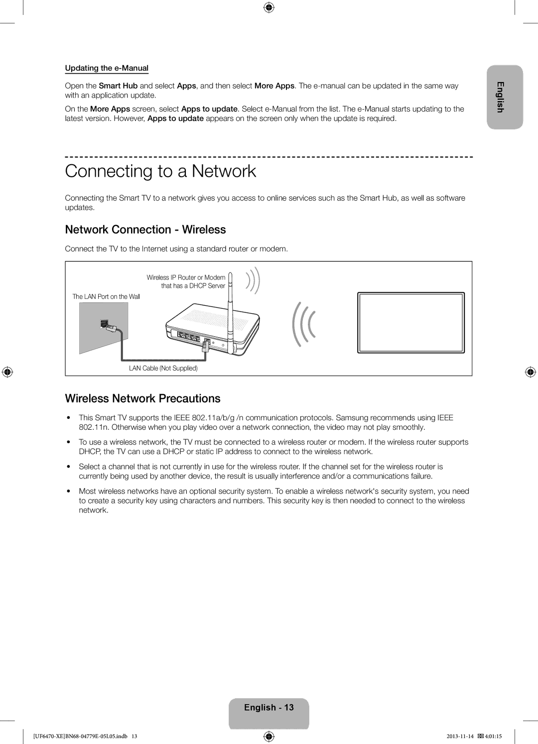 Samsung UE46F6655SBXXE, UE40F6755SBXXE Connecting to a Network, Network Connection Wireless, Wireless Network Precautions 