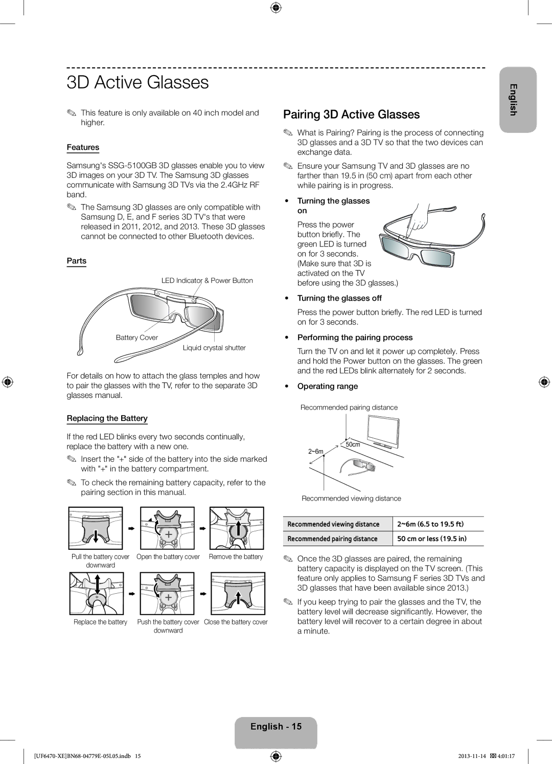 Samsung UE40F6675SBXXE, UE40F6755SBXXE, UE32F6475SBXXE, UE50F6475SBXXE Pairing 3D Active Glasses, Parts, Operating range 