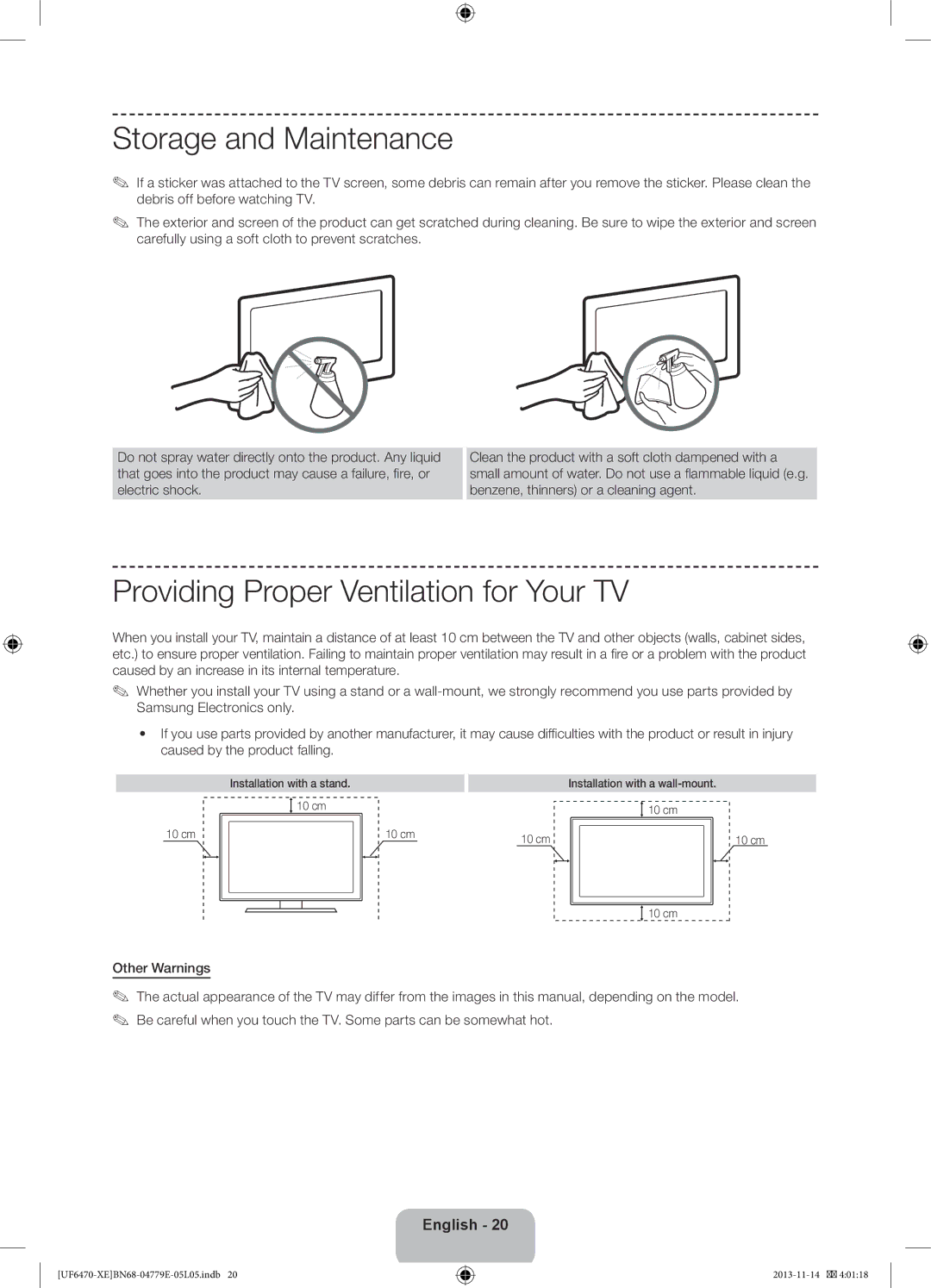 Samsung UE46F6515SBXXE Storage and Maintenance, Providing Proper Ventilation for Your TV, Installation with a stand 10 cm 