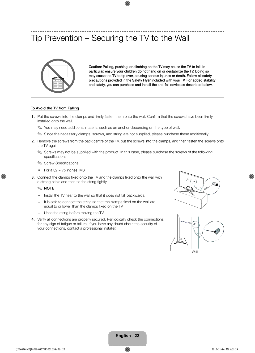 Samsung UE55F6515SBXXE, UE40F6755SBXXE, UE32F6475SBXXE, UE50F6475SBXXE manual Tip Prevention Securing the TV to the Wall 