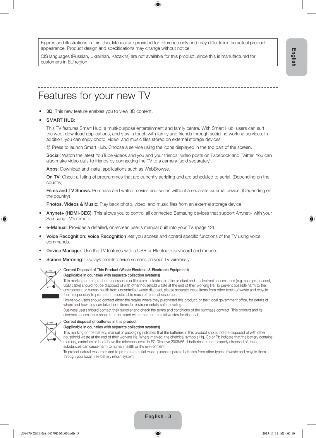 Samsung UE50F6505SBXXE, UE40F6755SBXXE manual Features for your new TV, 3D This new feature enables you to view 3D content 