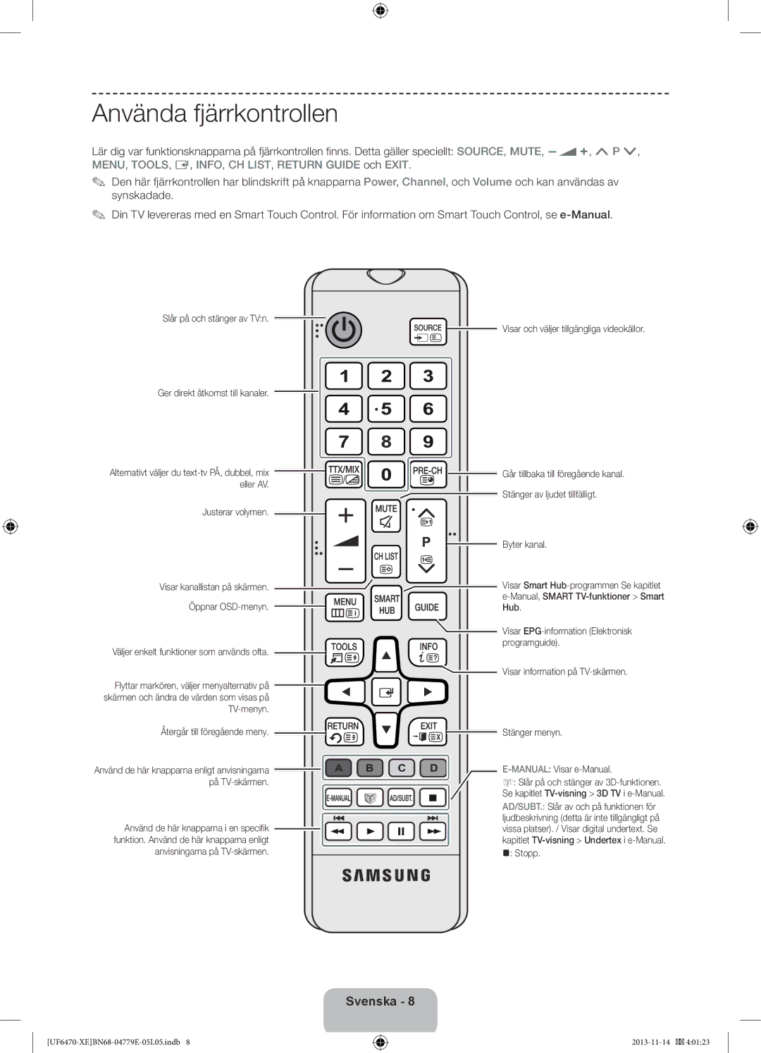 Samsung UE40F6505SBXXE manual Använda fjärrkontrollen, Slår på och stänger av TVn Ger direkt åtkomst till kanaler, Stopp 